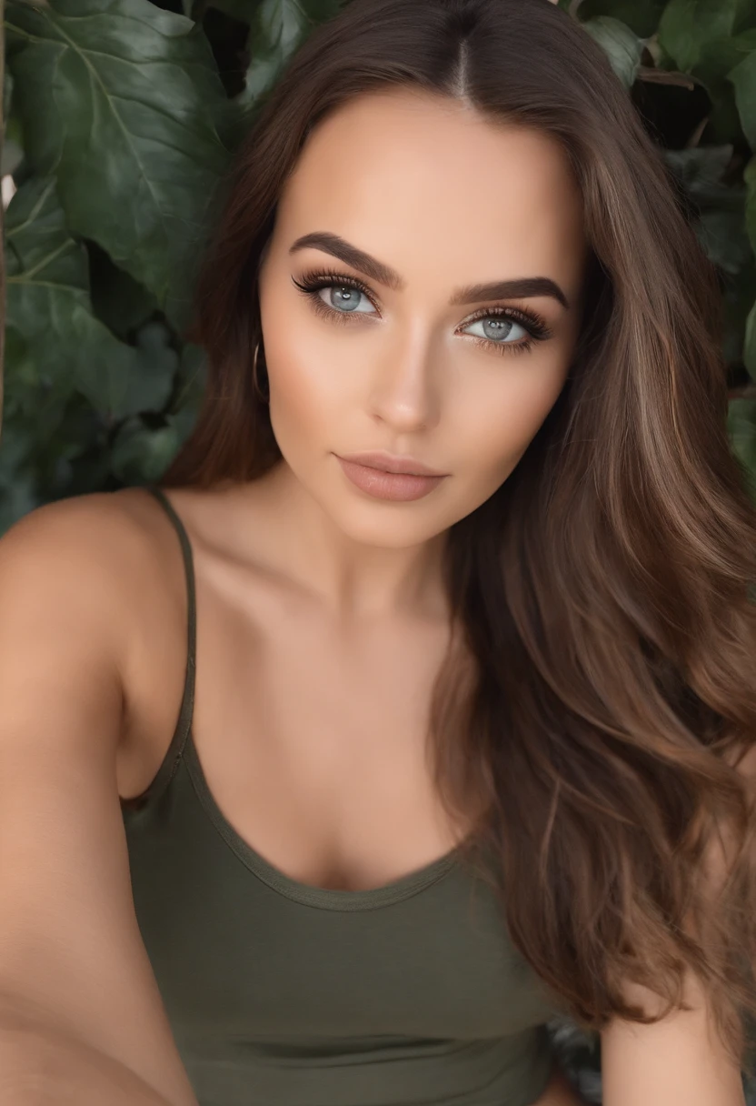 Arafed woman with matching tank top and panties, fille sexy aux yeux bruns, Portrait Sophie Mudd, cheveux bruns et grands yeux, selfie of a young woman, Yeux de chambre, Violet Myers, sans maquillage, maquillage naturel, looking straight at camera, Visage avec Artgram, Maquillage subtil, Superbe photo du corps entier, En fonction, clivage 25ans