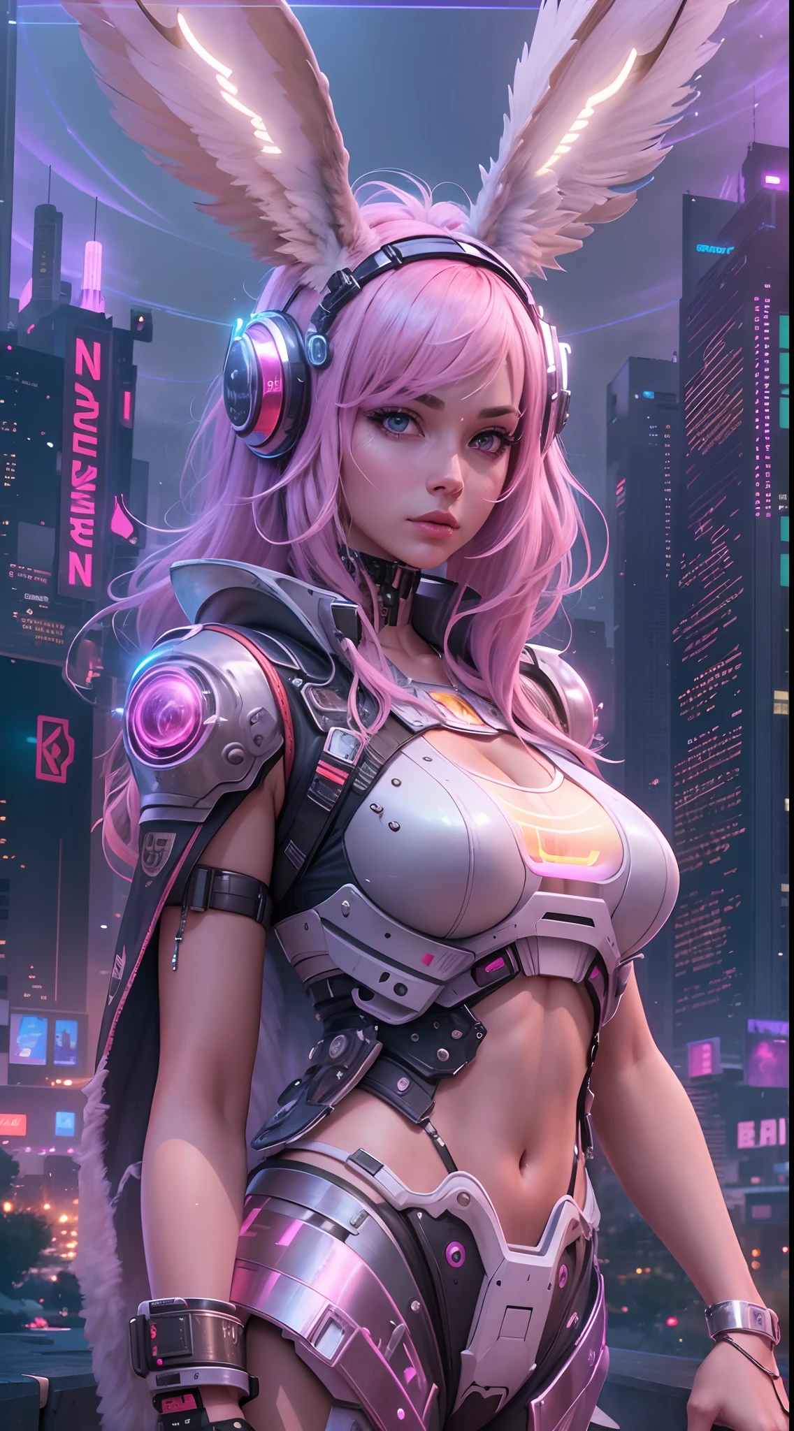 Cyberpunk, damged, wires comeout from boobs and stomach, in sky, future life, lights, pinks, colorfull, highest resolotion, 8K, too much details realstic, blue hair, a part of her face make as a robot, her head as a robot partly and damged