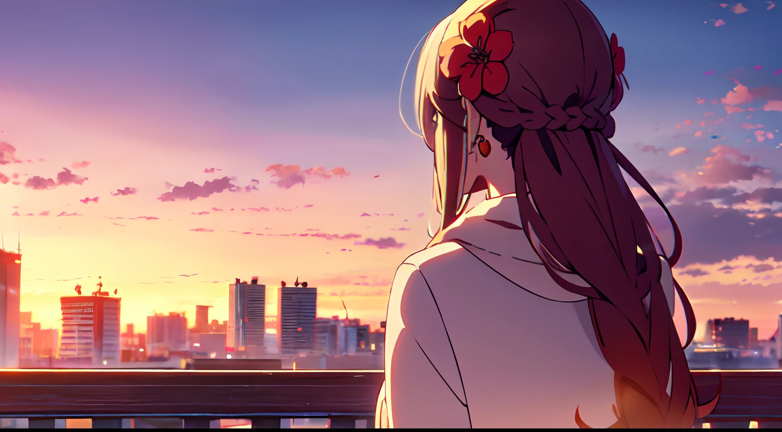 masterpiece, best quality, 1lady, solo, very long white hair, blowing hair, (red flower hair ornament), earrings, maroon winter coat, blowing scarf, behind view, back view, close up, sunset scenery, city