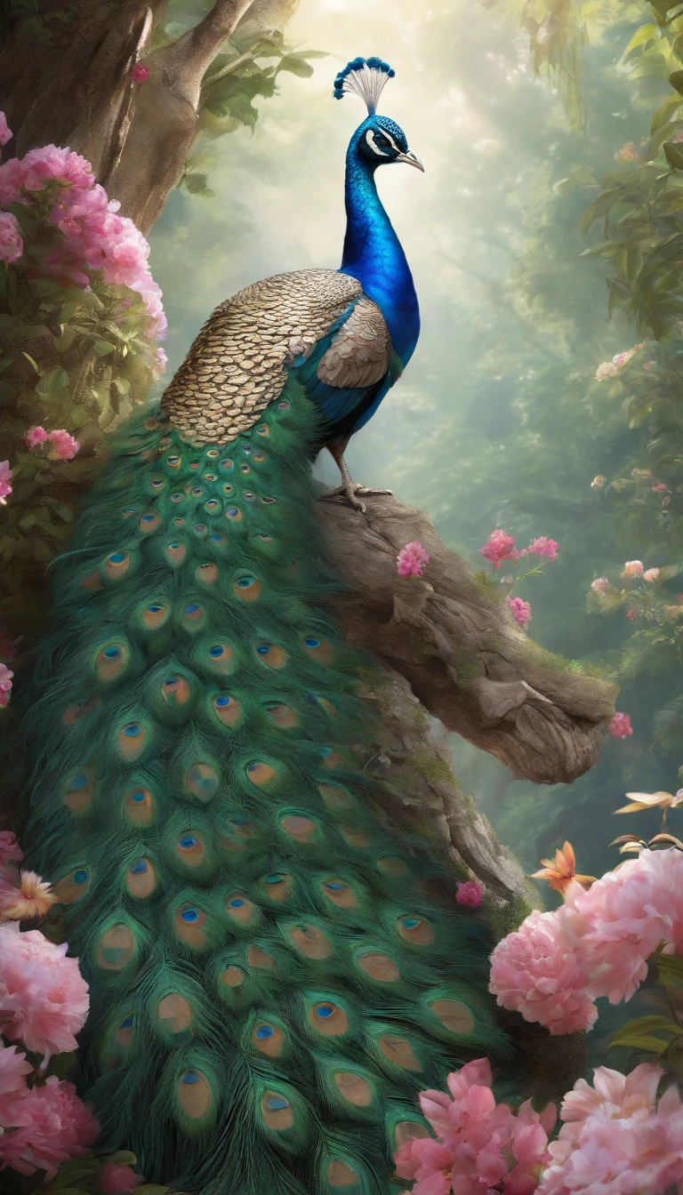 a peacock on a tree with flowers, beautiful and graceful, blue phoenix bird, show his beautiful tail ,peacock. intricate, peaceful and graceful, peacock in the desert, detailed beautiful animals, peacock, 4 k highly detailed art, beautiful and elegant, detailed painting 4 k, beautiful masterpiece, 8k high quality detailed art