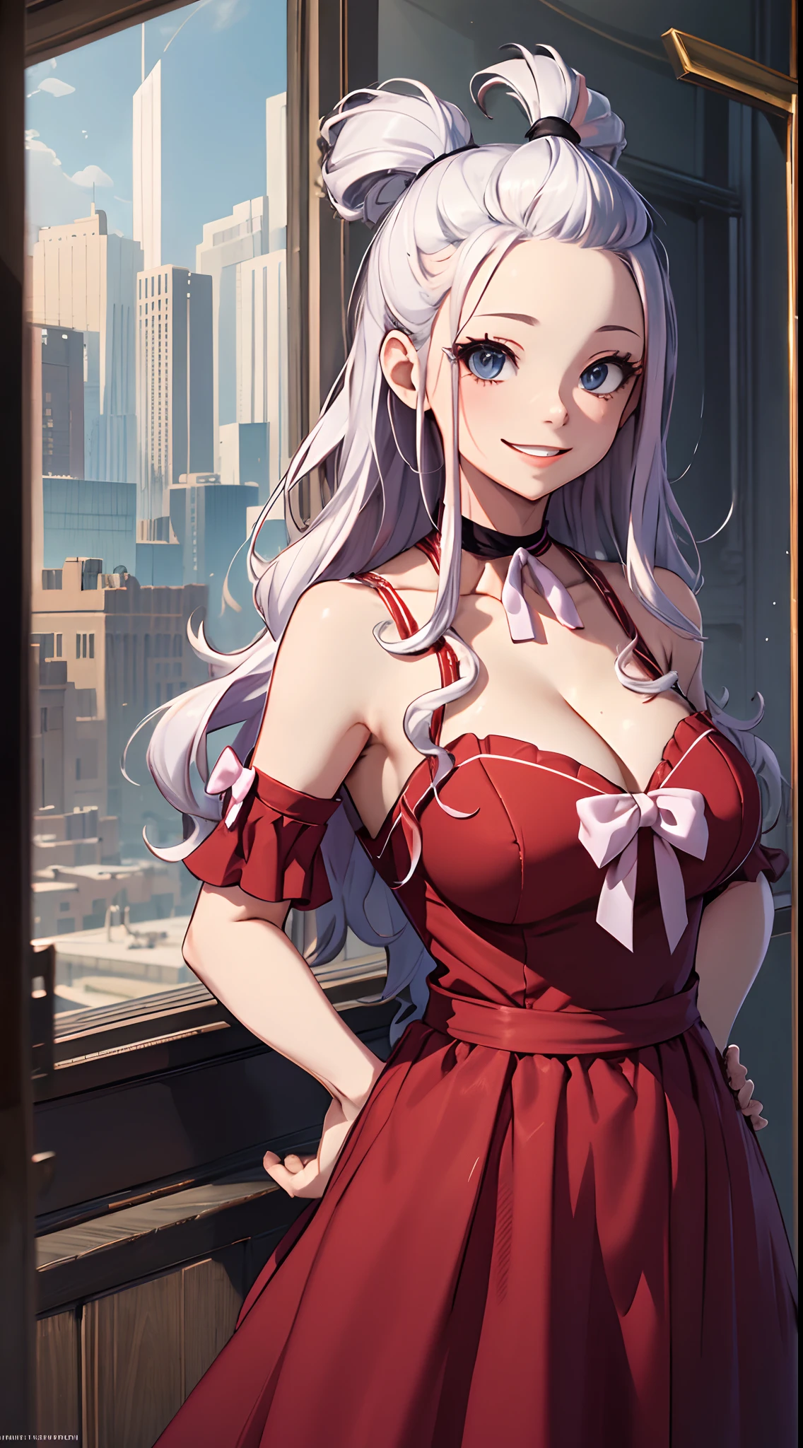 masterpiece, best quality, highres, aamira, long hair, bangs pinned back, topknot, forehead, choker, bare shoulder, cleavage, red dress, frilled dress, bow, sleeveless, outdoors, smile, hand on hip, open mouth,