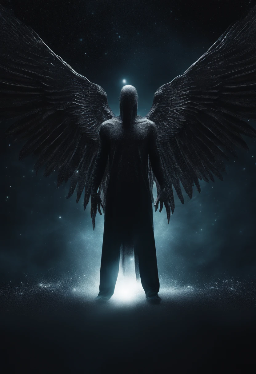 cosmic fallen man angel, black eyes, biomechanics, strange, scary, nightmare, black colors, particles of lights, with bright light, black cover, wallpaper art, UHD wallpaper