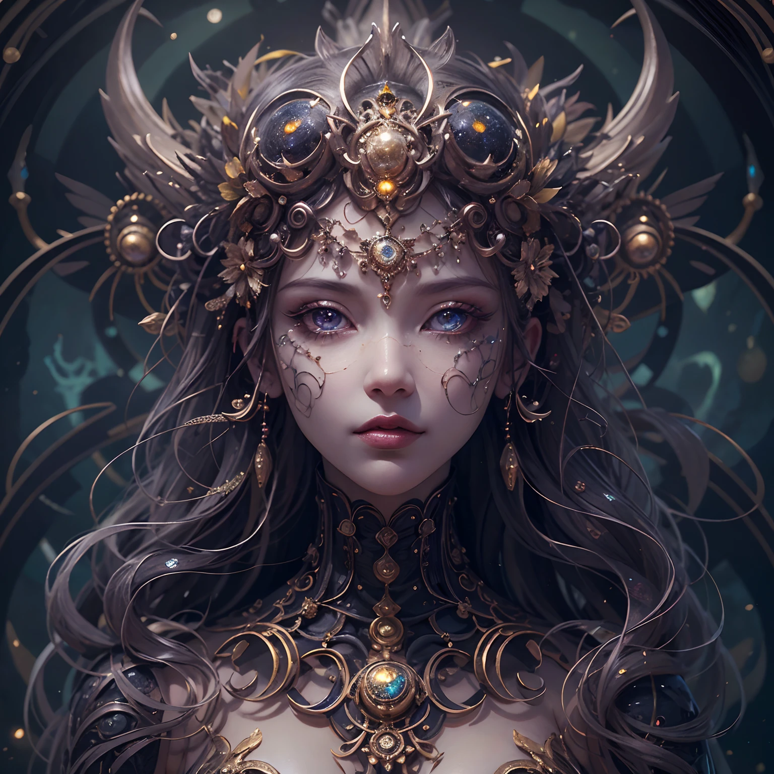 (best qualtiy,ultra - detailed,Most Best Illustration,Best Shadow,tmasterpiece,hight resolution,professionalartwork,famousartwork),Detailed eyes,beautidful eyes,closeup cleavage,sci-fy,colored sclera,Robotic eyes,face markings,tattooed,(fractalized,Fractal Eye),largeeyes,wide eyes,(Eye focus),sface focus,the eye of the universe,the eye of the universe,Close up of metal sculpture of woman with moon in hair,goddes。extremely high detail,3 d goddess portrait,Highly detailed footage of the goddess,a stunning portrait of a goddess,Side image of the goddess,portrait of a beautiful goddess,Full body close-up of goddess,Goddess of Hecate,portrait of a norse moon goddess,goddess of space and time