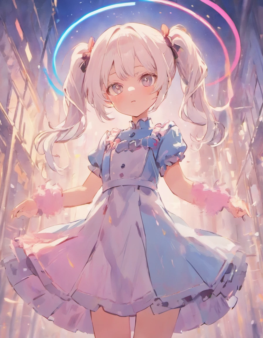 White hair with two pigtails, On White Background, Long pink dress with a white stripe in the middle, unusual skin, tricolor (blau, A white, yellow)
