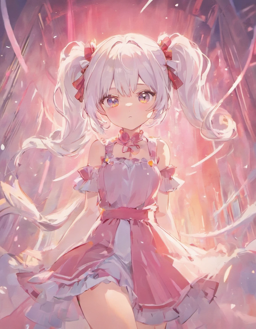 White hair with two pigtails, On White Background, Long pink dress with a white stripe in the middle, unusual skin, tricolor (blau, A white, yellow)