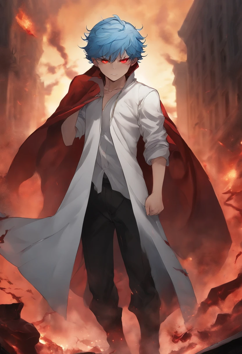 (a detailed picture,high quality,A boy with fiery blue hair, wearing a white coat, with glowing red eyes, and a wise expression, standing in a distorted city. The boy is about 100 years old, and his eyes have a dead, intense stare. He is surrounded by souls and immortals, engaged in an intense fight. The boy seeks revenge with his destructive ability, aiming to exorcise the evil that plagues the city. angry face. exorcist ability. epic battle stance. flying away spirit. covered by smoke. epic background. badass. awaken cursed powers.sweating. big wars. got surrounded by enemy. menacing face. genocide. threatning looking. epic battle. blood. bleed. scars. fight seriously. face covered by blood. no mercy. ripped shirt. exhausted. hand in bandage. arrogant face. fatal blow. cursed ability. hideous form. hand covered by bloods. screaming. disturbing background.)