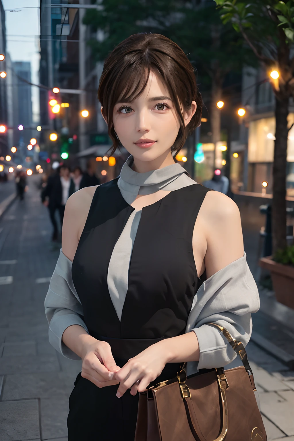 (masuter piece:1.3)、(8K、Photorealsitic、Raw photography、top-quality: 1.4)、(1girl in)、beautiful countenance、(Lifelike face)、(lightbrown hair、a short bob:1.3)、(Beautiful hairstyle:1.4)、Beautiful details、（real looking skin）、Beautiful skins、absurderes、enticing、超A high resolution、A hyper-realistic、high-detail、the golden ratio、、bilaterally symmetrical