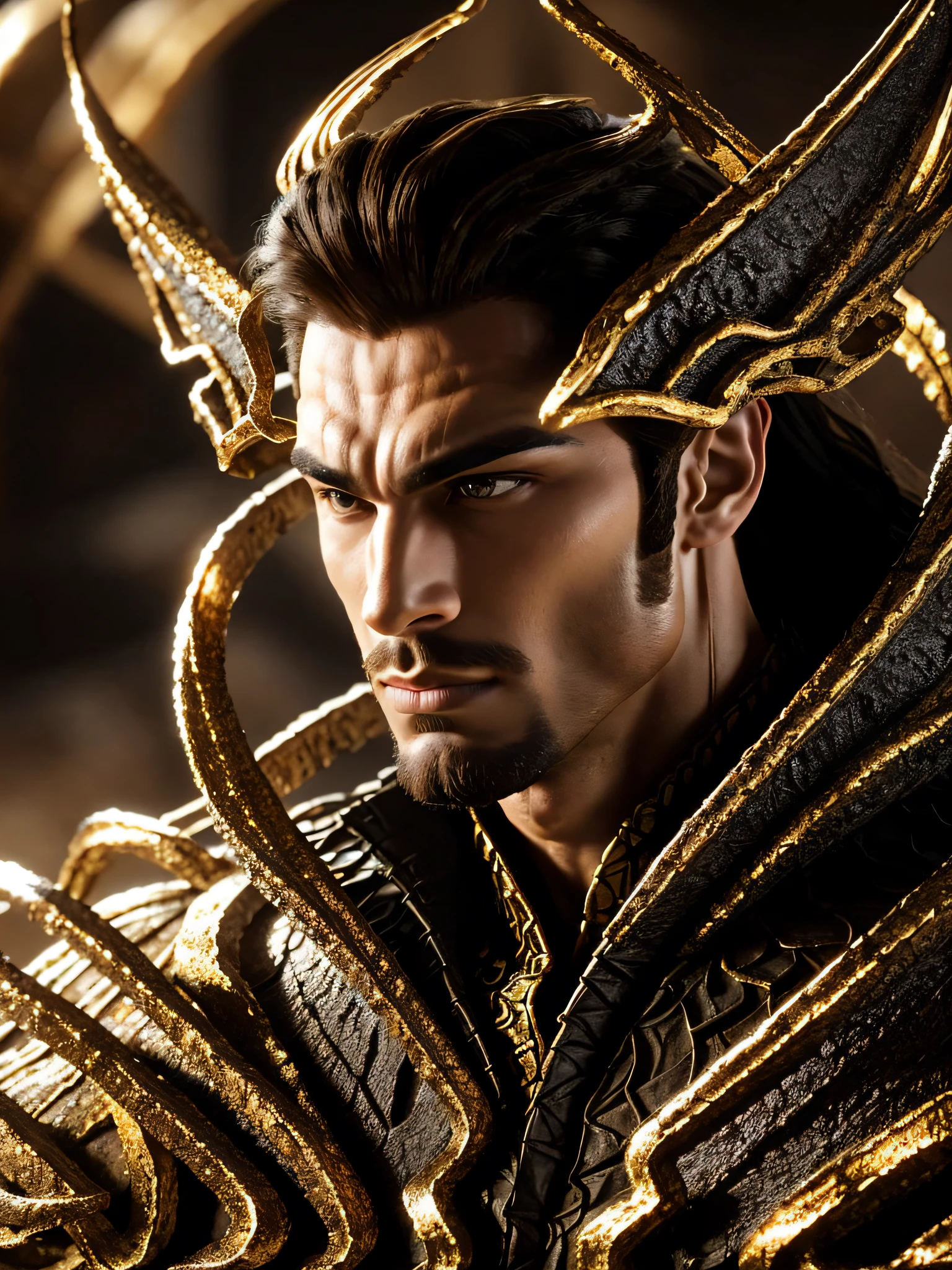 Best Quality, Masterpiece, extra high resolution, Photorealistic, Long shot, (Mascular, Strong bodybuilder) Man in black and gold armor, shelmet, facial hair, Cinematic lighting, ombre, Long black hair, Biomechanical environment