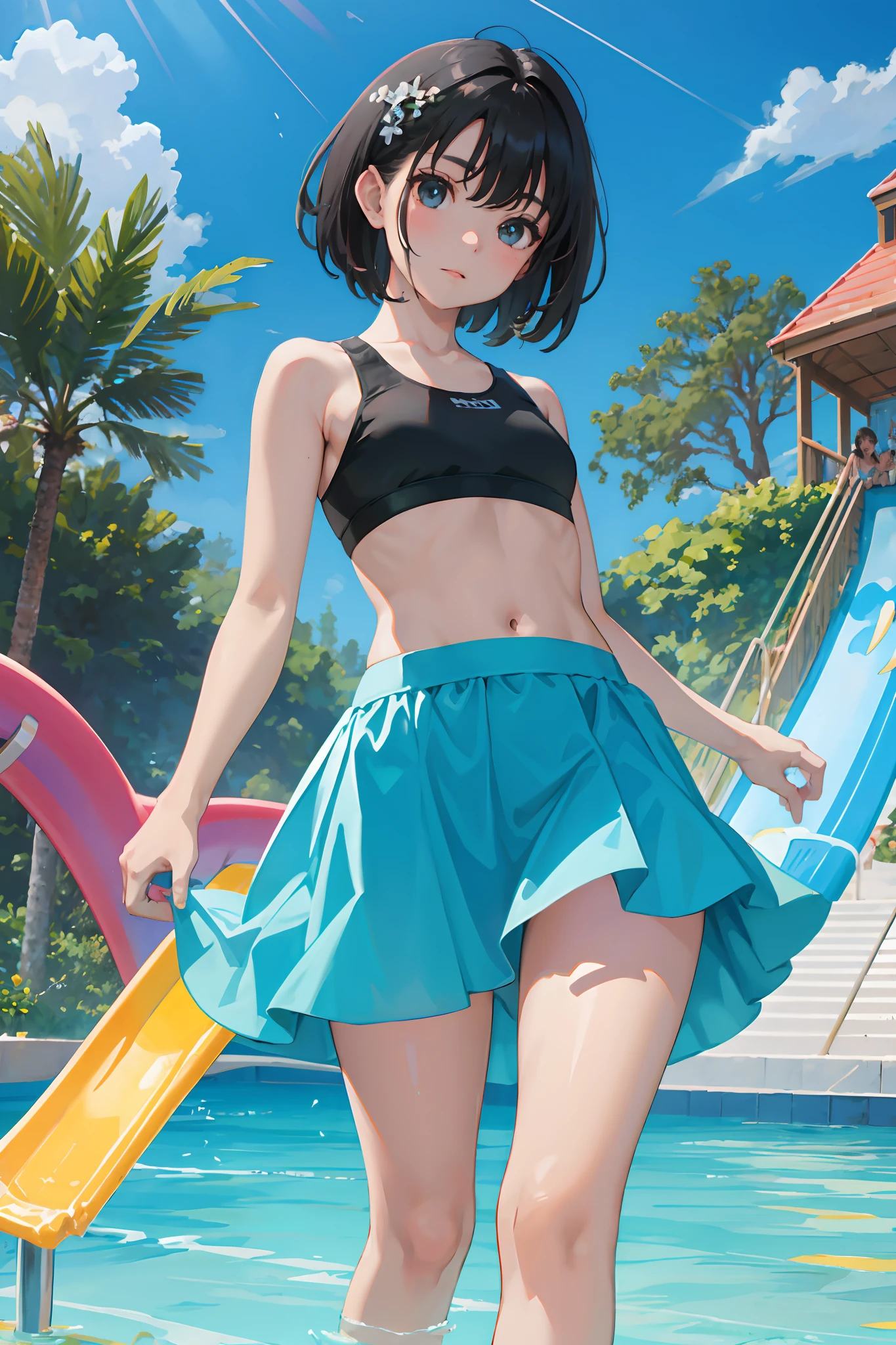 child，（​masterpiece，Highest Quality），Turquoise skirt，Sportsbra，Water Slide，A dark-haired，playing in the water