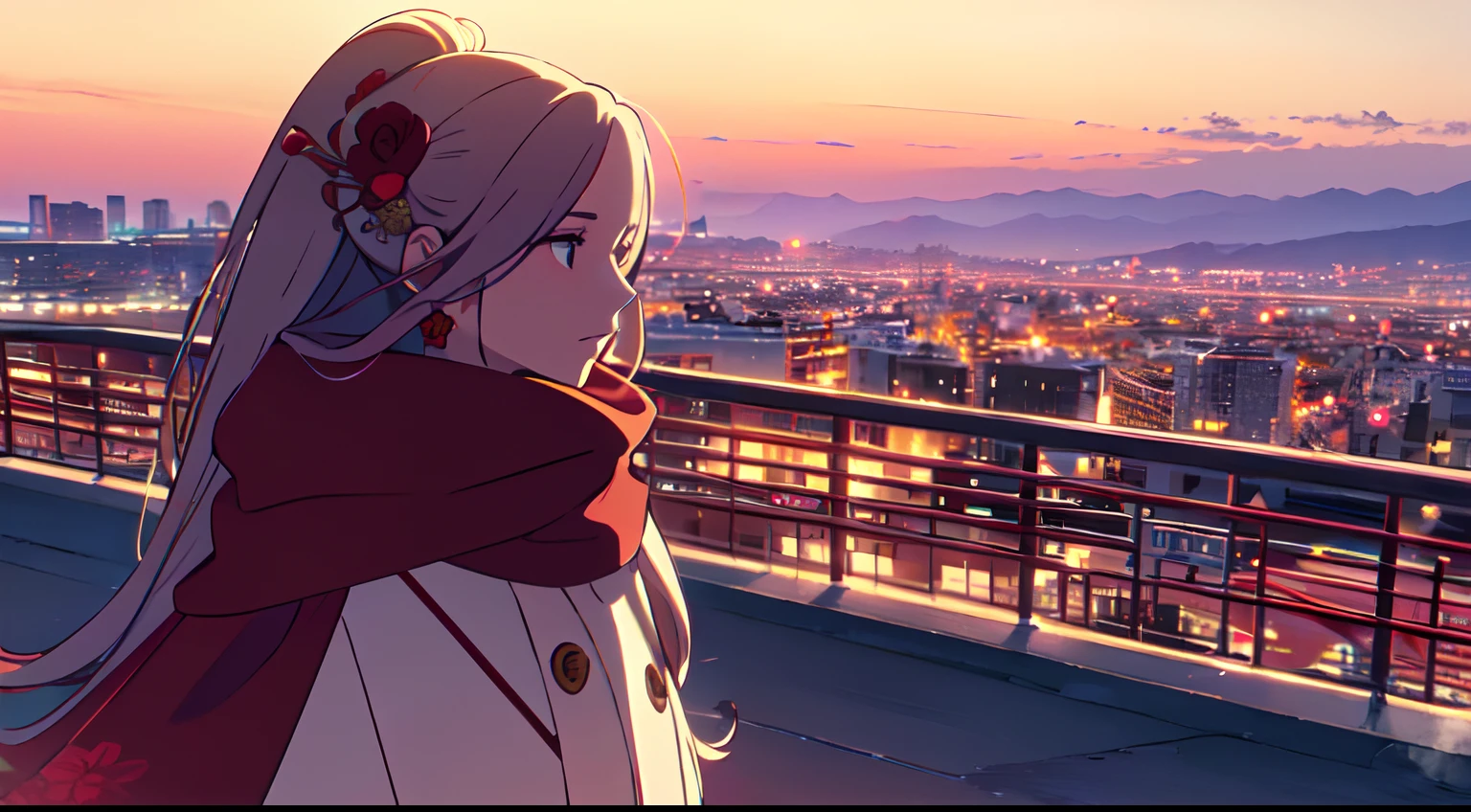 masterpiece, best quality, 1lady, solo, very long white hair, blowing hair, (red flower hair ornament), earrings, maroon winter coat, blowing scarf, behind view, close up, sunset scenery, city