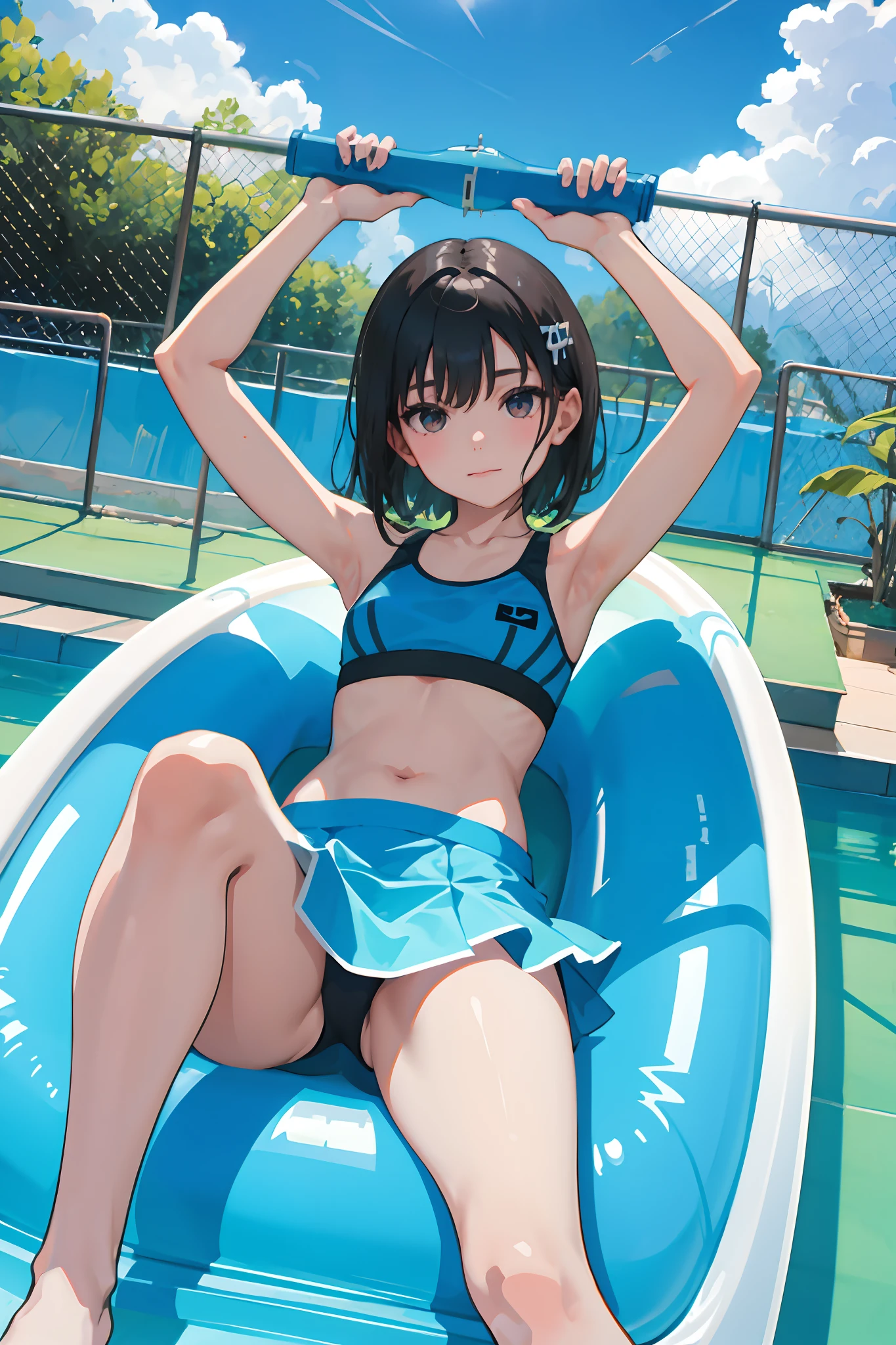 ,(masterpiece,Highest Quality),Turquoise skirt,Sportsbra,Water Slide,A dark-haired,playing in the water