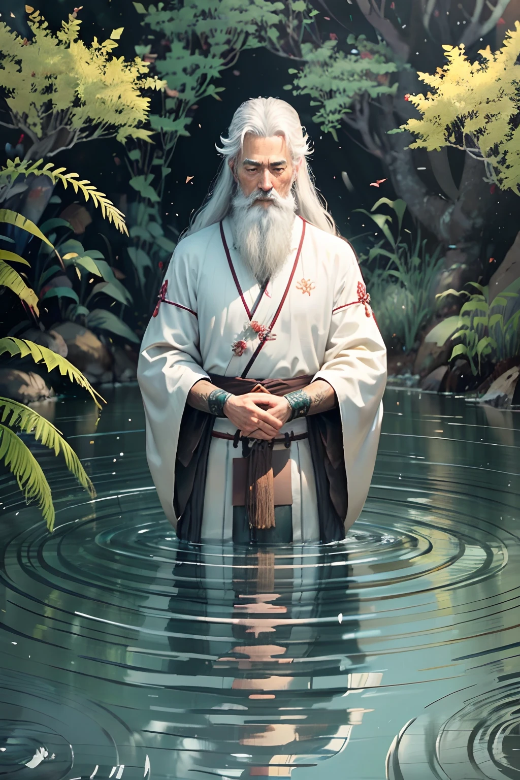 Capture cinematic masterpieces featuring ancient Japanese sages at 8K frames. The sage stands in a peaceful Japanese garden, Condensing the wisdom of the years. His long, A flowing white beard and hair poured down gracefully, Embodies the passage of time. **composition:** - Sage is located in front and middle, Bathed in the soft, The warm glow of the setting sun. The cinematic lighting emphasizes the depth of his character and the wisdom engraved in the characters. - His eyes, Deep contemplation, Tell a story full of knowledge and experience for a lifetime. - The saint wears gorgeous clothes, Colorful kimono, Intricate decoration of traditional patterns,Hint at his wisdom and status. - His hand clenched gently, Holding a traditional Japanese staff, A symbol of saints. - Around the Saints, The garden is lush, serenebackground, Meticulously maintained bonsai trees and tranquil koi ponds, Reflecting the beauty of the natural world that he cherished. - 8K resolution reveals the most nuanced differences in his features, From the single strands of his long hair to the intricate embroidery on his kimono. - Cinematic lighting creates game shadows and highlights, Emphasize the presence of the saint and the depth of the scene. - The image captures a quiet moment of contemplation, The saint exudes serenity and a sense of inner peace. This image tip is designed to evoke a deep awe and appreciation for the wisdom and beauty of Japanese culture, Condensed in the personalities of ancient saints.