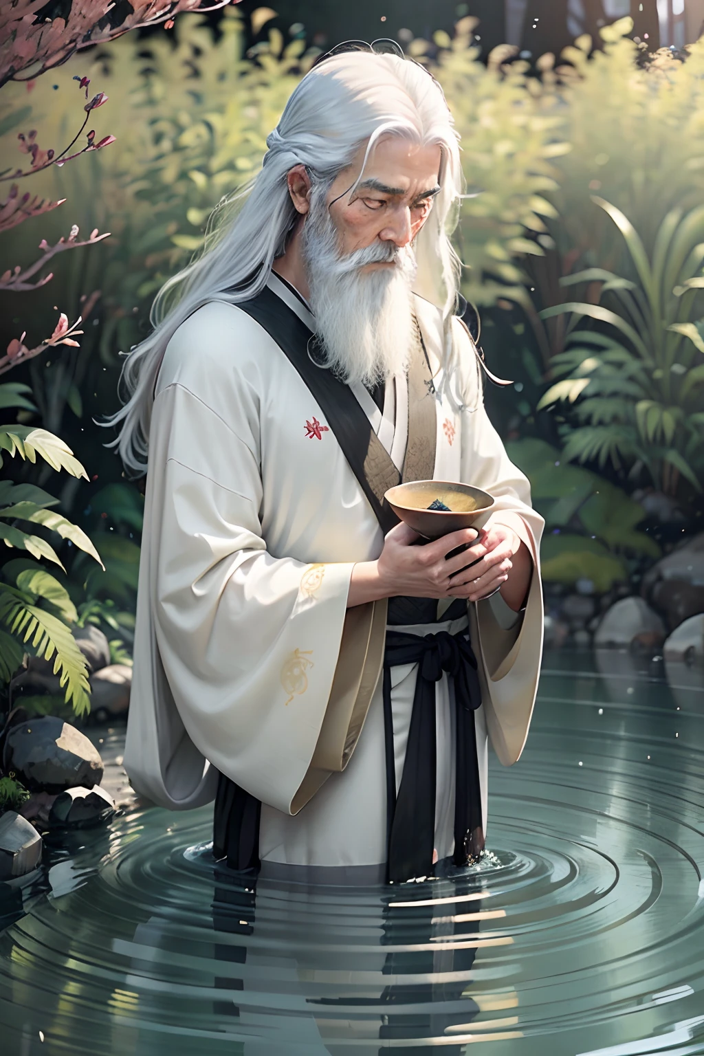 Capture cinematic masterpieces featuring ancient Japanese sages at 8K frames. The sage stands in a peaceful Japanese garden, Condensing the wisdom of the years. His long, A flowing white beard and hair poured down gracefully, Embodies the passage of time. **composition:** - Sage is located in front and middle, Bathed in the soft, The warm glow of the setting sun. The cinematic lighting emphasizes the depth of his character and the wisdom engraved in the characters. - His eyes, Deep contemplation, Tell a story full of knowledge and experience for a lifetime. - The saint wears gorgeous clothes, Colorful kimono, Intricate decoration of traditional patterns,Hint at his wisdom and status. - His hand clenched gently, Holding a traditional Japanese staff, A symbol of saints. - Around the Saints, The garden is lush, serenebackground, Meticulously maintained bonsai trees and tranquil koi ponds, Reflecting the beauty of the natural world that he cherished. - 8K resolution reveals the most nuanced differences in his features, From the single strands of his long hair to the intricate embroidery on his kimono. - Cinematic lighting creates game shadows and highlights, Emphasize the presence of the saint and the depth of the scene. - The image captures a quiet moment of contemplation, The saint exudes serenity and a sense of inner peace. This image tip is designed to evoke a deep awe and appreciation for the wisdom and beauty of Japanese culture, Condensed in the personalities of ancient saints.