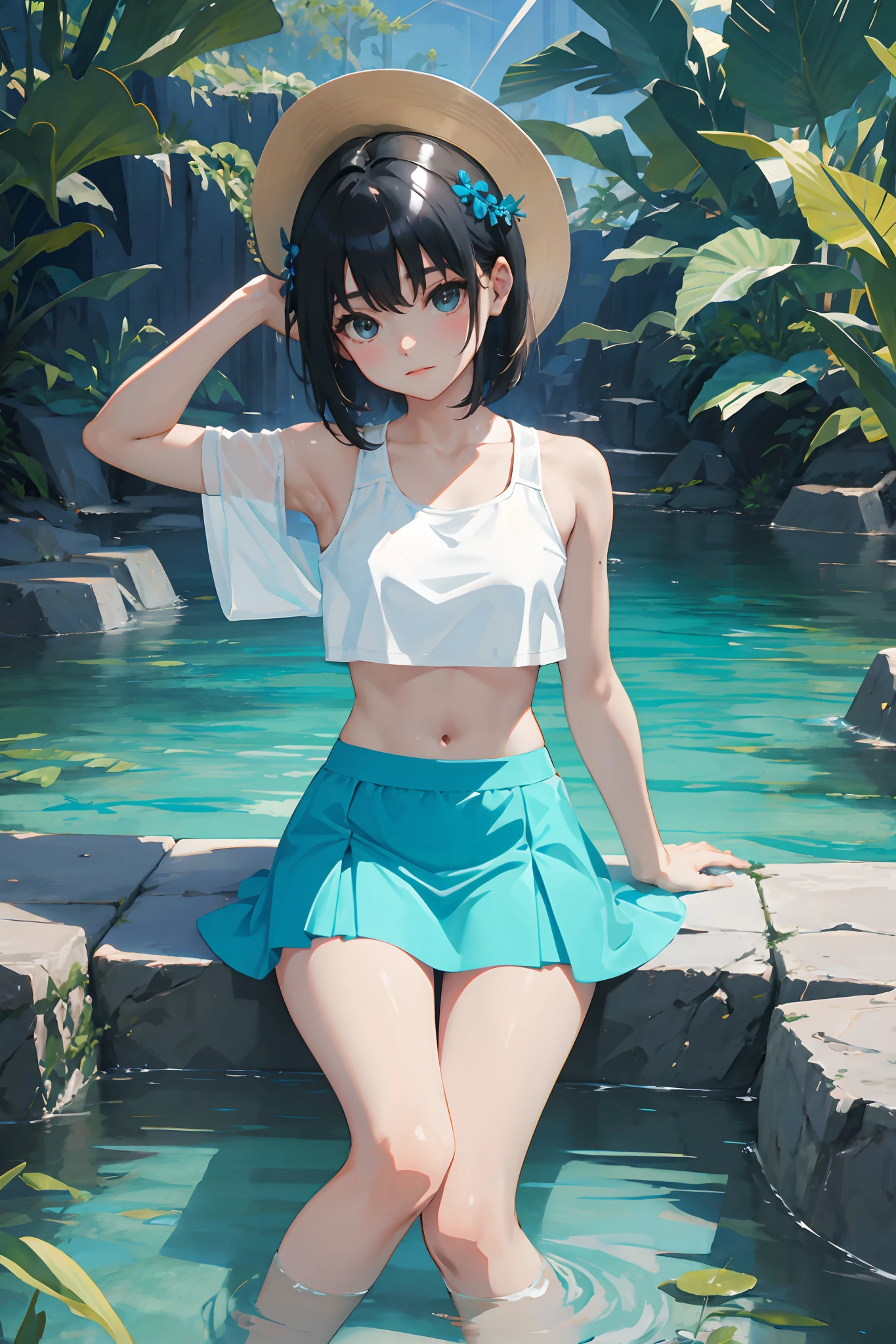 Pretty little sister，Half-body submerged half-body water surface，Worn in transparent blue，Ducklings around、swim ring，and marine animals、Trees and corals。
