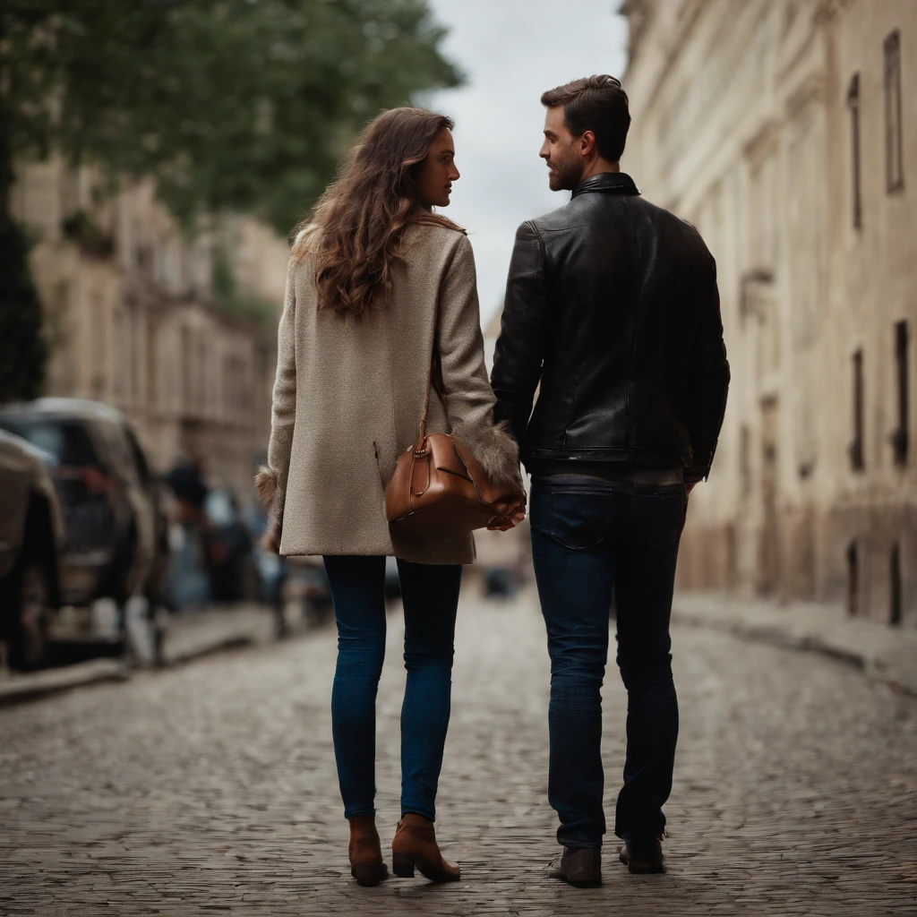 Couple walking back to back holding hands. Ambos cinquenta anos