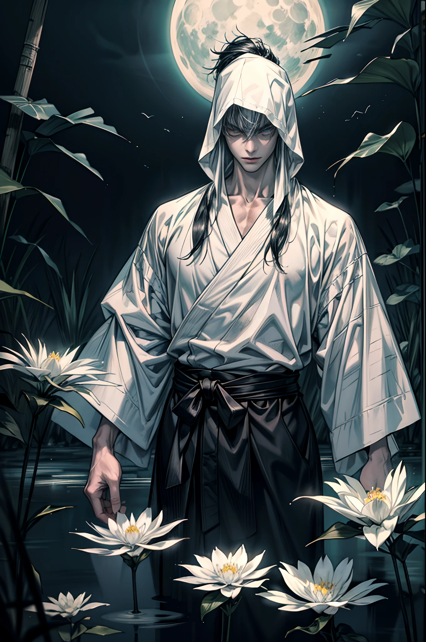 (Best quality,4K,8K,A high resolution,Masterpiece:1.2),Ultra-detailed,A man stands in the water of the Yellow Spring,Wearing a white kimono,morbid,terroral,darkly,Handsome man who died,A dark scene in Japanese style,A fog that covers everything,deep in the night,Japanese traditional style,A thick black fog enveloped everything,Cluttered,Disorderly,The atmosphere of death,Bleak white complexion,White skin,White skin,Black sky,There are a lot of bones in the water,Dirty and disgusting,There are a lot of bones in the water,Foggy,There were many corpses in the water,dead person,Endless dark steppe,White Moon,Many aquatic plants,Many white flowers,The picture is gray,Low contrast,low-saturation