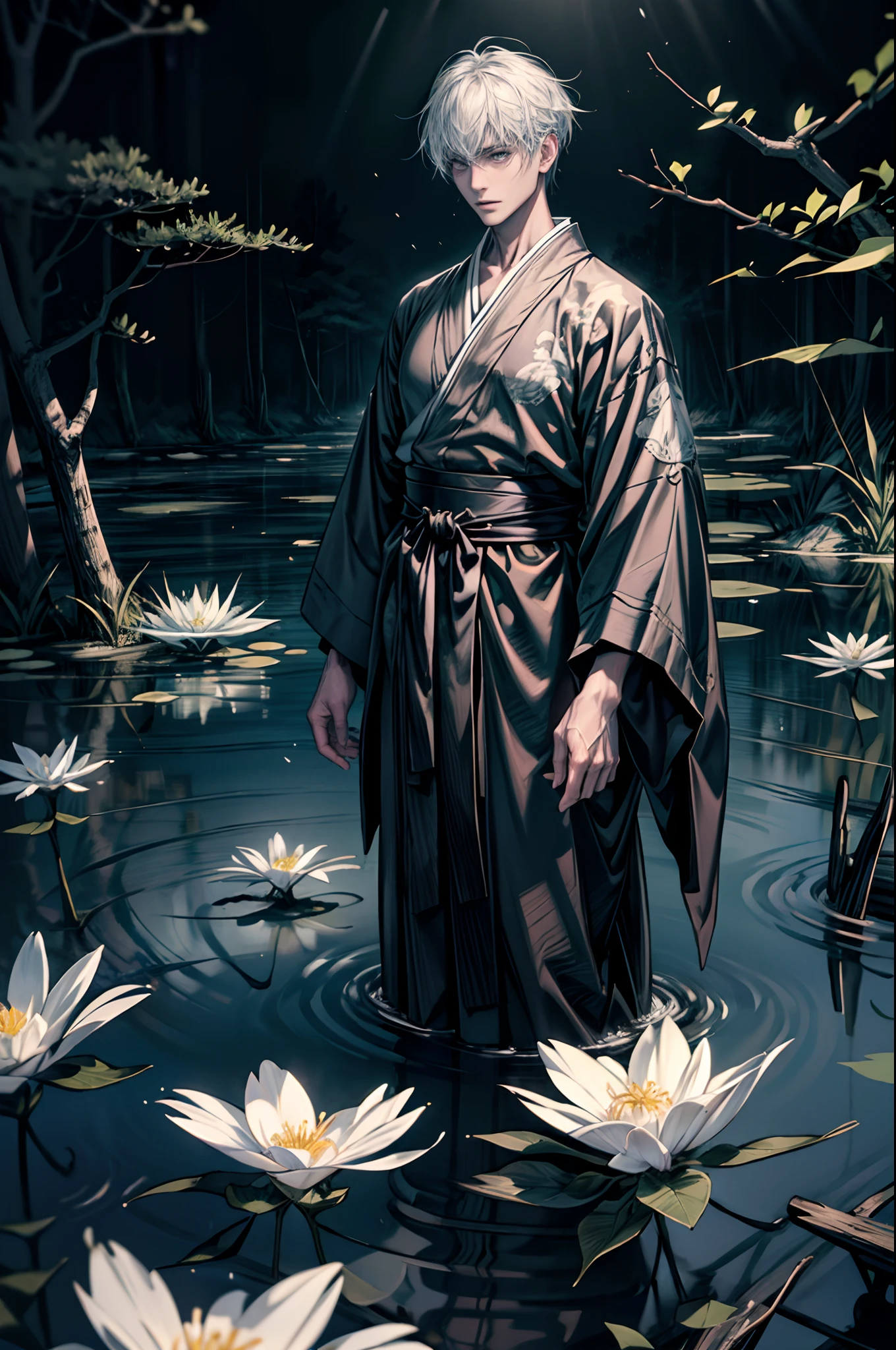 (Best quality,4K,8K,A high resolution,Masterpiece:1.2),Ultra-detailed,A man stands in the water of the Yellow Spring,Wearing a white kimono，morbid，terroral，darkly，Handsome man who died，A dark scene in Japanese style,A fog that covers everything，deep in the night，Japanese traditional style,A thick black fog enveloped everything,Cluttered，Disorderly，The atmosphere of death，Bleak white complexion，White skin，White skin，Black sky，There are a lot of bones in the water，Dirty and disgusting，There are a lot of bones in the water，Foggy，There were many corpses in the water，dead person，Endless dark steppe，White Moon，Many aquatic plants，Many white flowers，The picture is gray，Low contrast，low-saturation