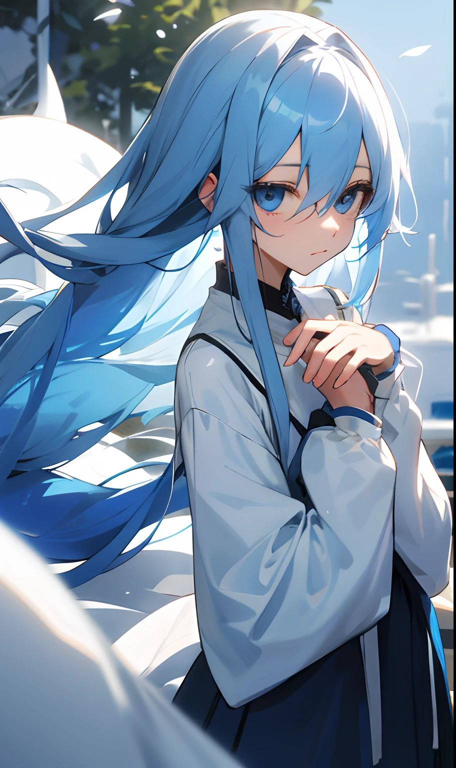 femele, kind, funny, Beautiful, looking after, long blue hair, Shy, dressed in white, Blue eyeball、Ephemeral atmosphere