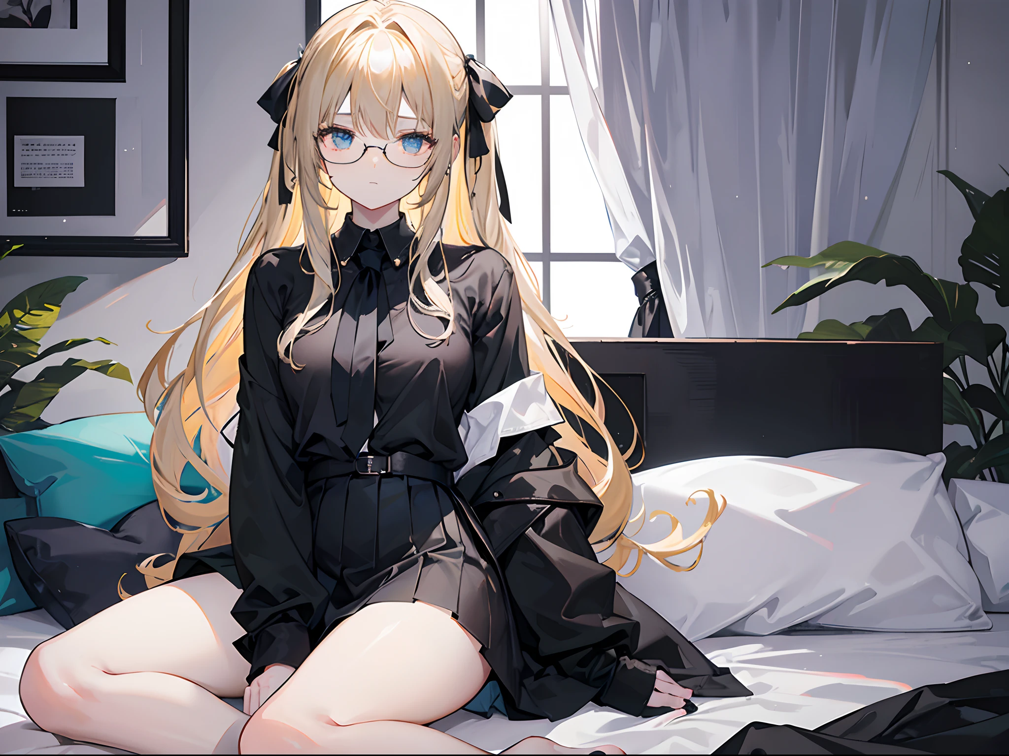 18-year-old blonde, Turquoise eyes, long-haired,Braid left and right, Wear glasses, Wear a white long-sleeved shirt......button up. Black miniskirt, sitting on the bed, Show off your legs...With a slightly smiling face.....