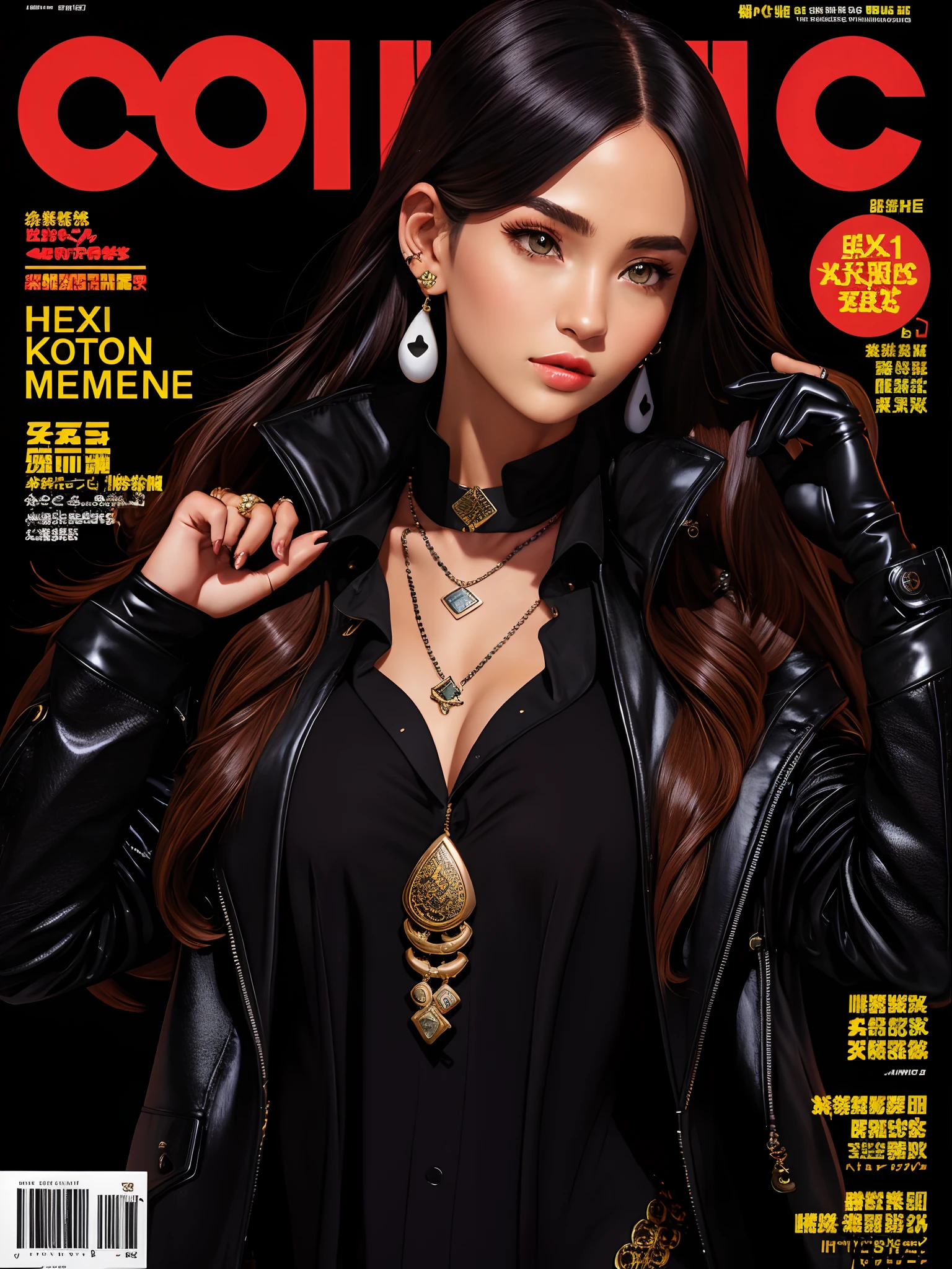 magazine scan,(magazine cover:1.2), cover text, text,( magatama necklace:1.1), wlop, 1girl, black gloves, black open jacket, character request, commentary, earrings, double v, jewelry, long hair, looking down, perfect flowing hair, solo