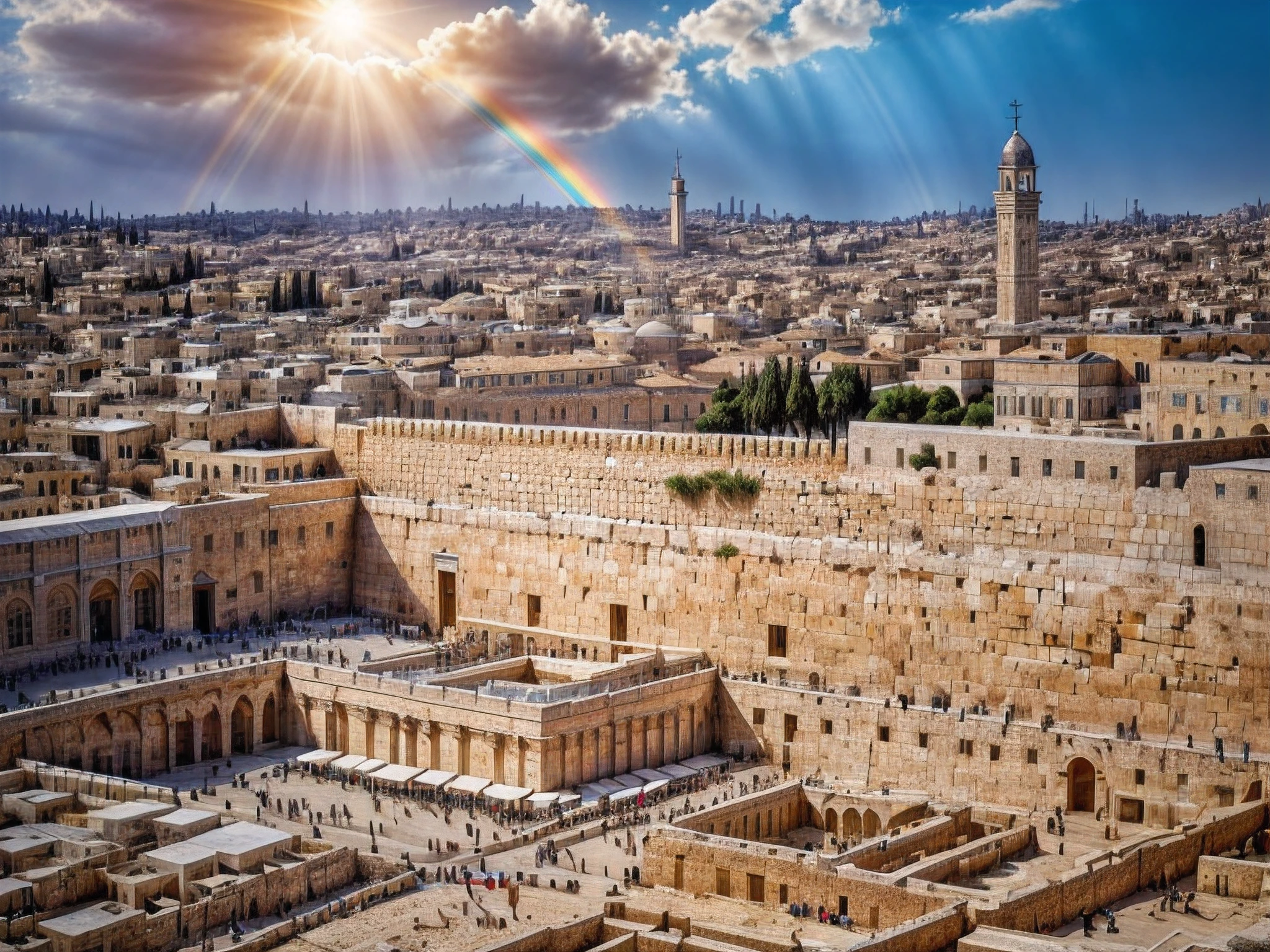 photographic, National Geographic quality picture, award winning, (Best Detailed: 1.5), (best quality: 1.5) picture of the Western Wall in Old City Jerusalem (an exact detailed: 1.5), The Western Wall in all is antiquity, reverence, and divinity, central focus to the Jewish faith, and a magnificent, vibrant (full spectrum rainbow: 1.3), it is lightly clouded there are some sun rays, the old city of Jerusalem background, best quality, (extremely detailed), ultra wide shot, photorealism, depth of field, hyper realistic, 2.5 rendering,