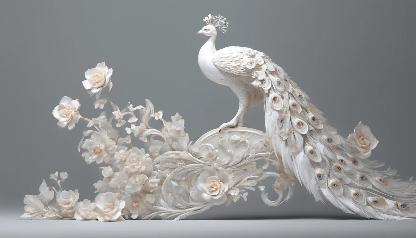a white peacock with flowers on a branch, beautiful and graceful, beautiful and elegant, detailed beautiful tail, 8k high quality detailed art, peacock, peacock colors, peacock in the desert, peacock. intricate, blue phoenix bird, beautiful animal pearl queen, beautiful design, beautiful art, stunning beautiful
