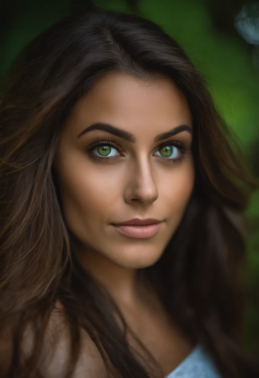 fille brune, yeux vert, latina, 25ans regarde vers la camera, naturel, cheveux mi-long