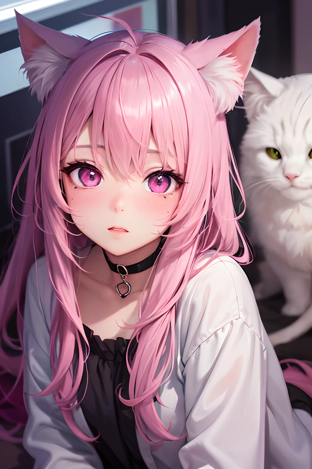 striated hair,Pink twin-tailed hair, Mole under the eyes, mole under mouth, Heart-shaped pupil, longeyelashes, Pink eyes, Heart-shaped choker、full body Esbian、gazing at viewer、Shy, blush, tusk, ear blush, nose blush,Anime style, Color Field Painting, Ray tracing, bloom, One-person viewpoint, nffsw, awardwinning, 16 K, Best Quality, high details, High quality, masutepiece, hight resolution, ccurate, Super Detail、Cat without ears