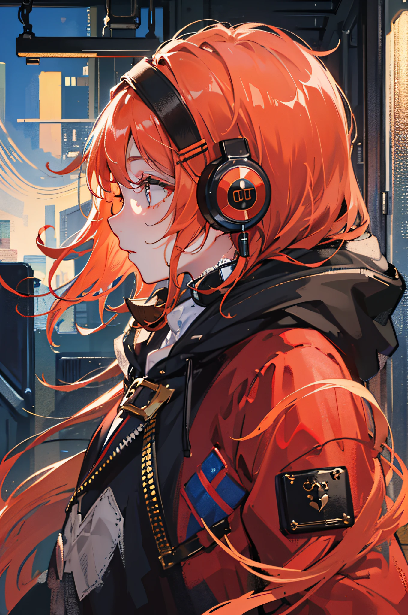 (masterpiece, sidelighting, ultra-detailed, finely detailed beautiful eyes: 1.2), 1girl, bag, building, from side, headphones, hood, hood down, hooded jacket, hoodie, jacket, long hair, orange hair, profile, red hair, solo, train, train interior, upper body, Masterpiece, best quality