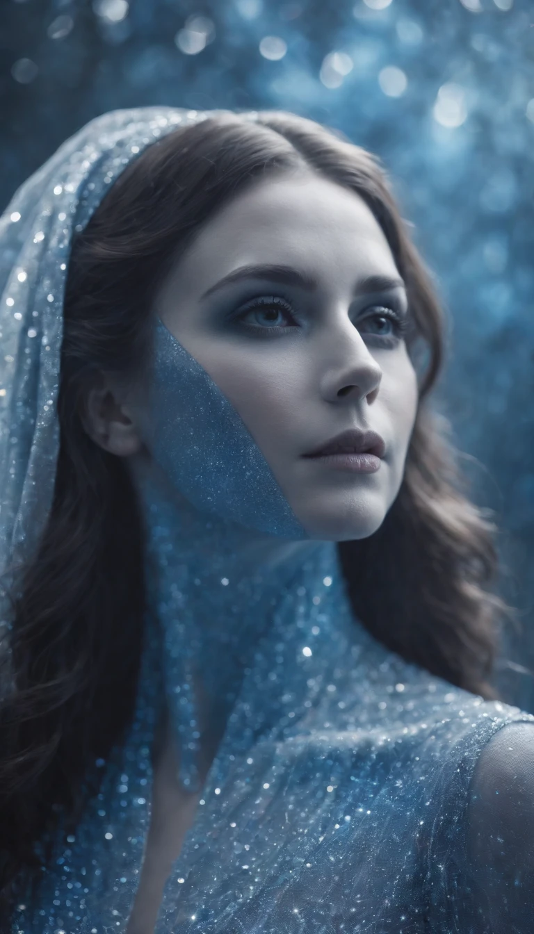 photoshoot of a ghost female silhouette made of a million sparkles. Blue and silver scenery. Low profile view. Ultra realistic