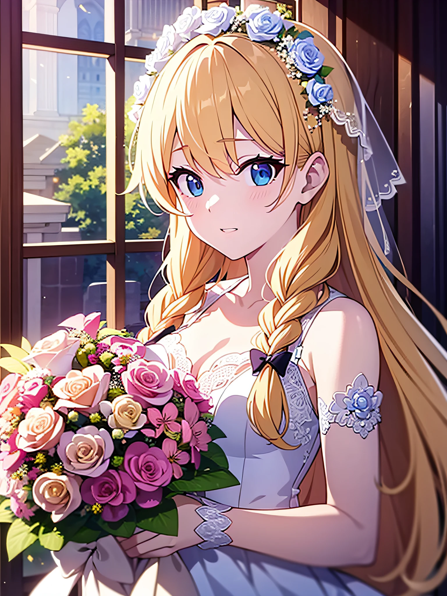 in 8K、top-quality、masterpiece、ultra-detailliert、Ultra-high resolution、Anime style、a blond、Braided hair、weddingdress、Wedding bouquet