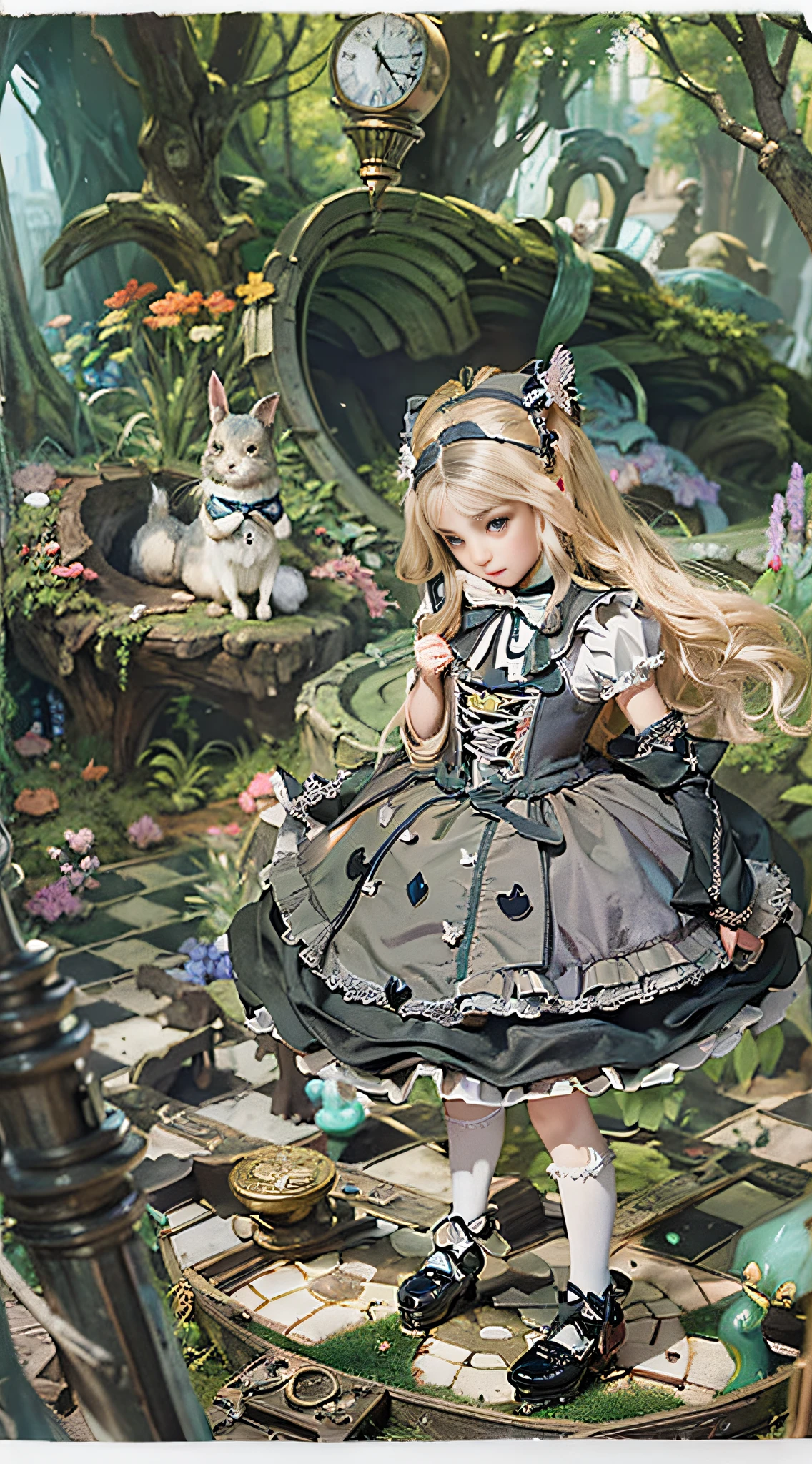 (((Masterpiece))), (((top image quality))), (((ultra-realistic depiction))), (((Alice in Wonderland in Gothic ta fashion))), (((diorama worldview))), Pocket watches, checkered floors, rabbits in tuxedos, kings and princesses in tramp bodies, poisonous mushrooms, magical lands.