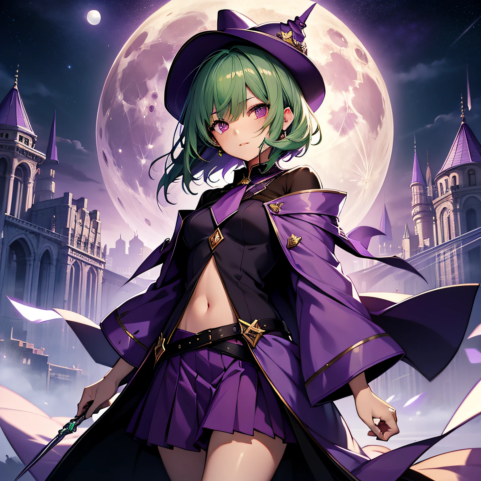 top-quality、extremely delicate and beautiful、Beautiful illustration、top-quality、(A teenage girl)、Purple Eye、Green hair、short-haired、(Purple pointy hat)、Purple tie、Soio、shortsleeves、Purple skirt、Purple Wizard Robe、Navel、is standing、Full moon night on background