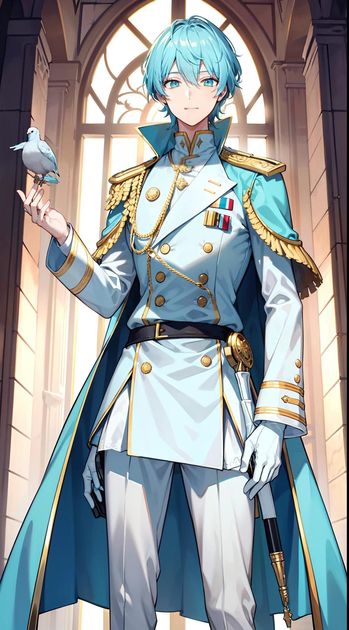 Tall guy, Short pigeons, Cyan eyes, ssmile, Beautiful white soldier's uniform, Gold Elements, Two magic pistols, hiquality, 4k, HD, Good detail