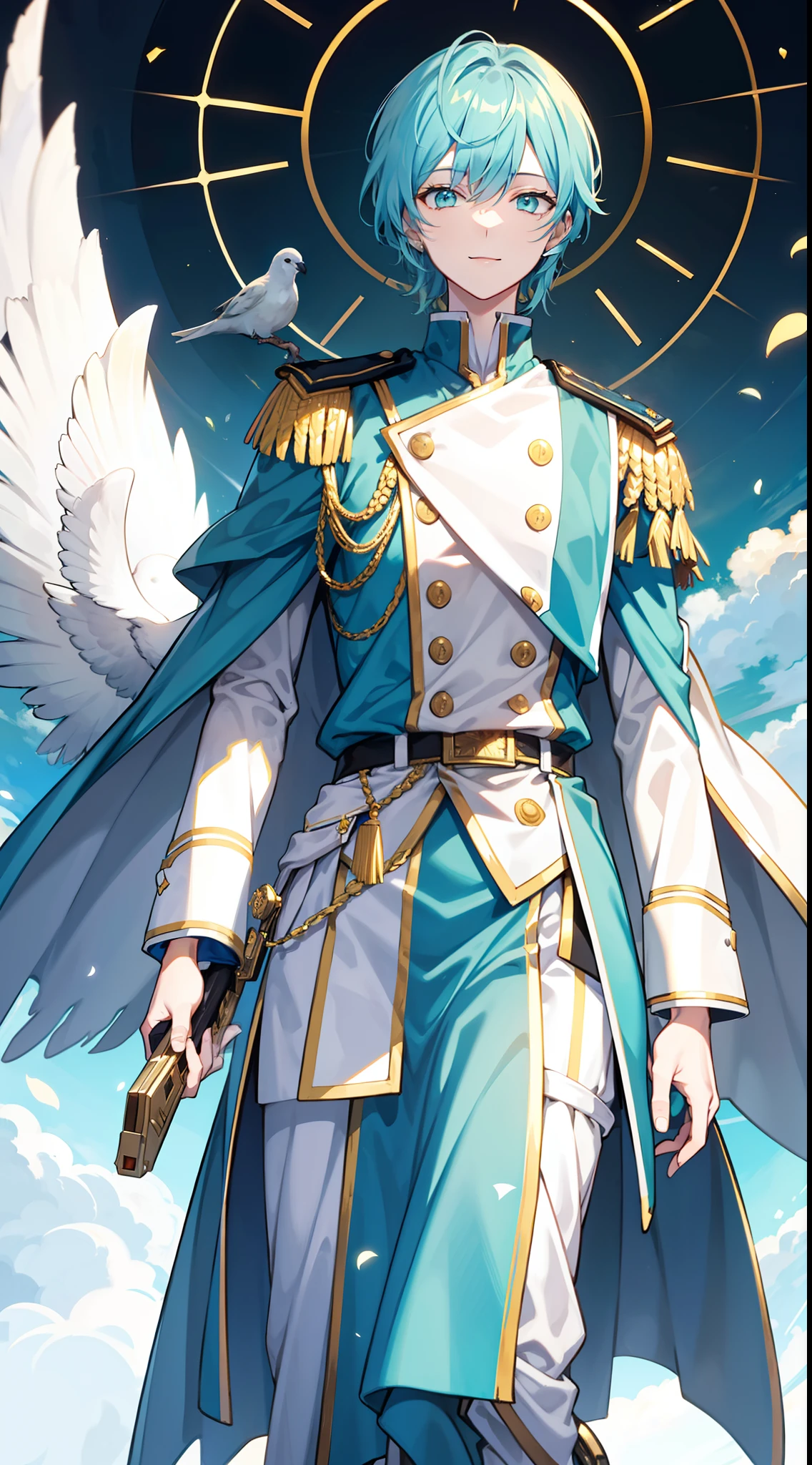 Tall guy, Short pigeons, Cyan eyes, ssmile, Beautiful white soldier's uniform, Gold Elements, Two magic pistols, hiquality, 4k, HD, Good detail