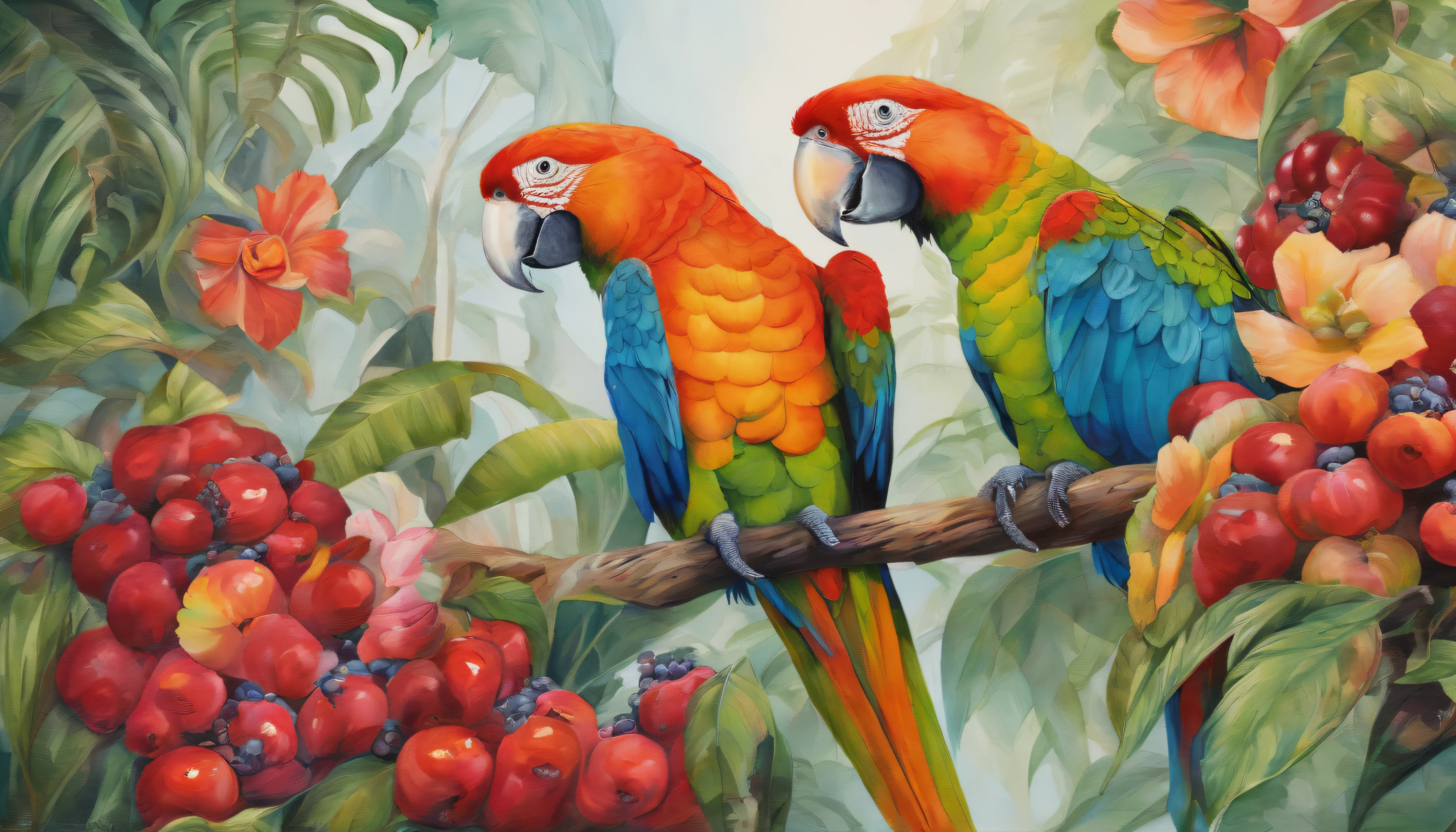 painting of two parrots sitting on a branch with berries, tropical birds, parrots, colorful birds, inspired by Marianne North, parrot, very colourful, rich colourful, watercolor artwork of exotic, by Doris Blair, painted in bright water colors, rich aquarel, pararel, inspired by Charles Bird King, by Károly Lotz, ethereal macaw