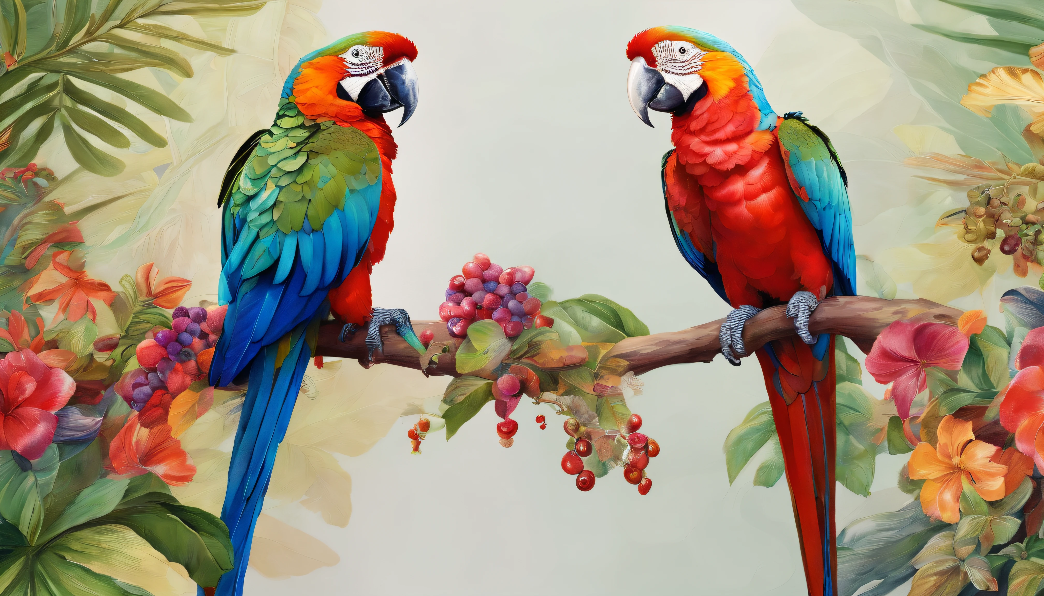 painting of two parrots sitting on a branch with berries, tropical birds, parrots, colorful birds, inspired by Marianne North, parrot, very colourful, rich colourful, watercolor artwork of exotic, by Doris Blair, painted in bright water colors, rich aquarel, pararel, inspired by Charles Bird King, by Károly Lotz, ethereal macaw