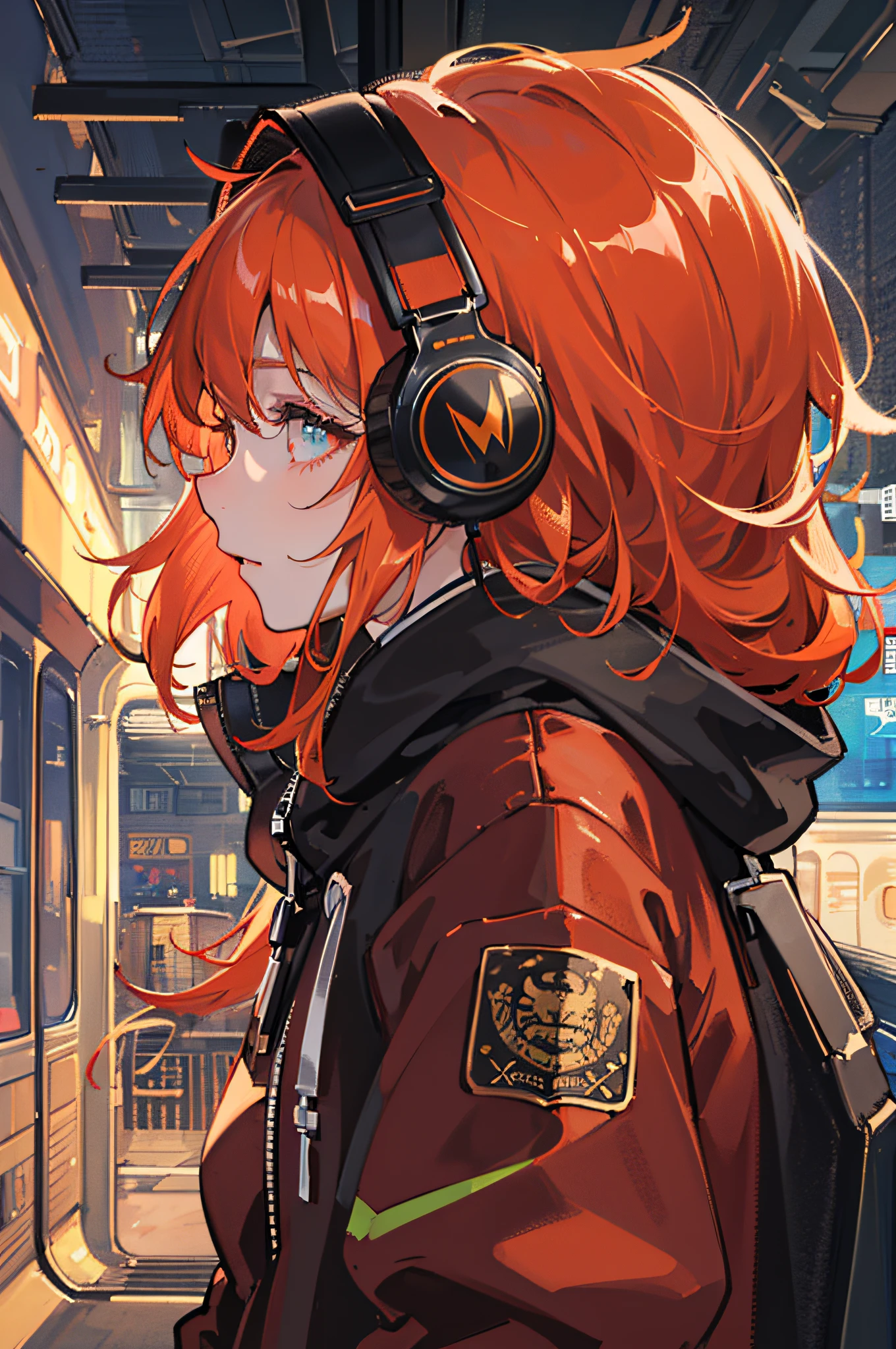 (masterpiece, sidelighting, ultra-detailed, finely detailed beautiful eyes: 1.2), 1girl, bag, building, from side, headphones, hood, hood down, hooded jacket, hoodie, jacket, long hair, orange hair, profile, red hair, solo, train, train interior, upper body, Masterpiece, best quality