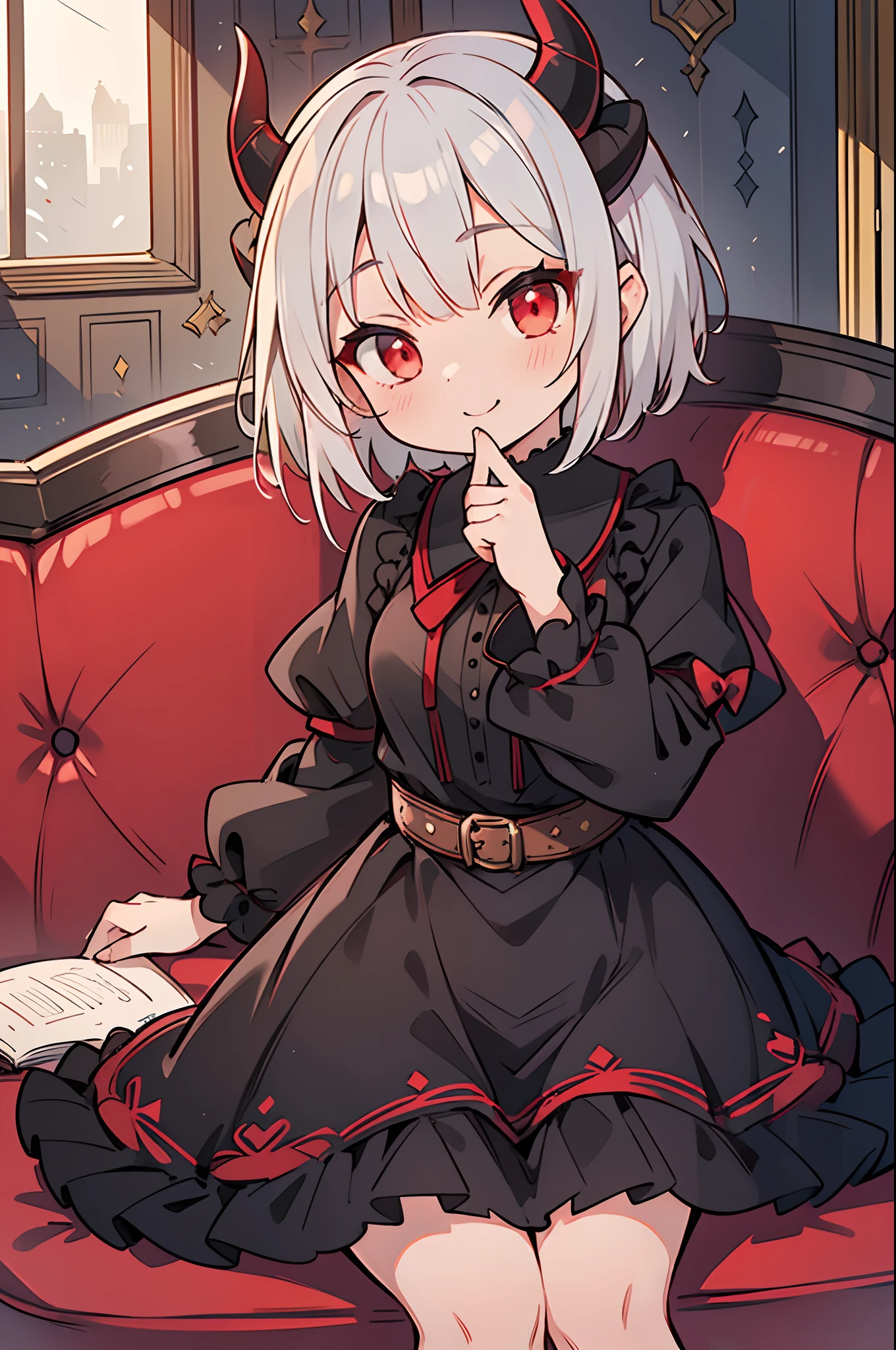 The highest quality of the masterpiece, ((low angles)), Looking at the camera, Cute smile, (???? Devil Girl,Solo:1.2),(Red eyes shining at an angle),(Silver hair),(Super Super Short Hair:1.3),(Shaved sideburns:1.2),Horns,BREAK,(Elaborate black dress:1.2),Beautiful colored eyes, delicated face, Plump cheeks, (Put your hand to your mouth:1.2), Devil's horns grow on the head, Kamimei, Red and black dress, Black ruffled skirt with red embroidery, Fluffy sleeves, Clothes with flair, (Sitting on the sofa in a Western-style building:1.2), [[[[multiple arms]]]]