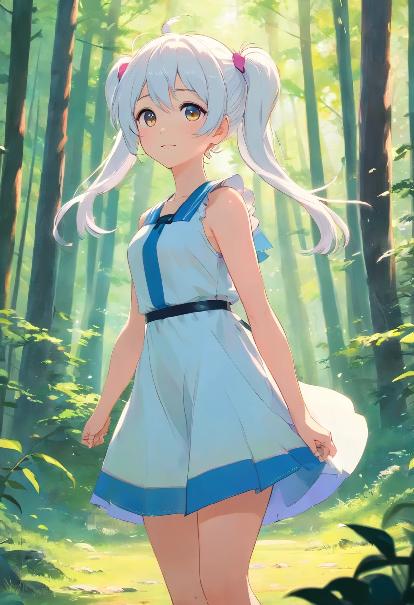 super cute, White hair with two pigtails, tricolor leather (blau, A white, yellow), Long pink dress with a white stripe in the middle, Black Eyes, Sits, Joyful, in the woods