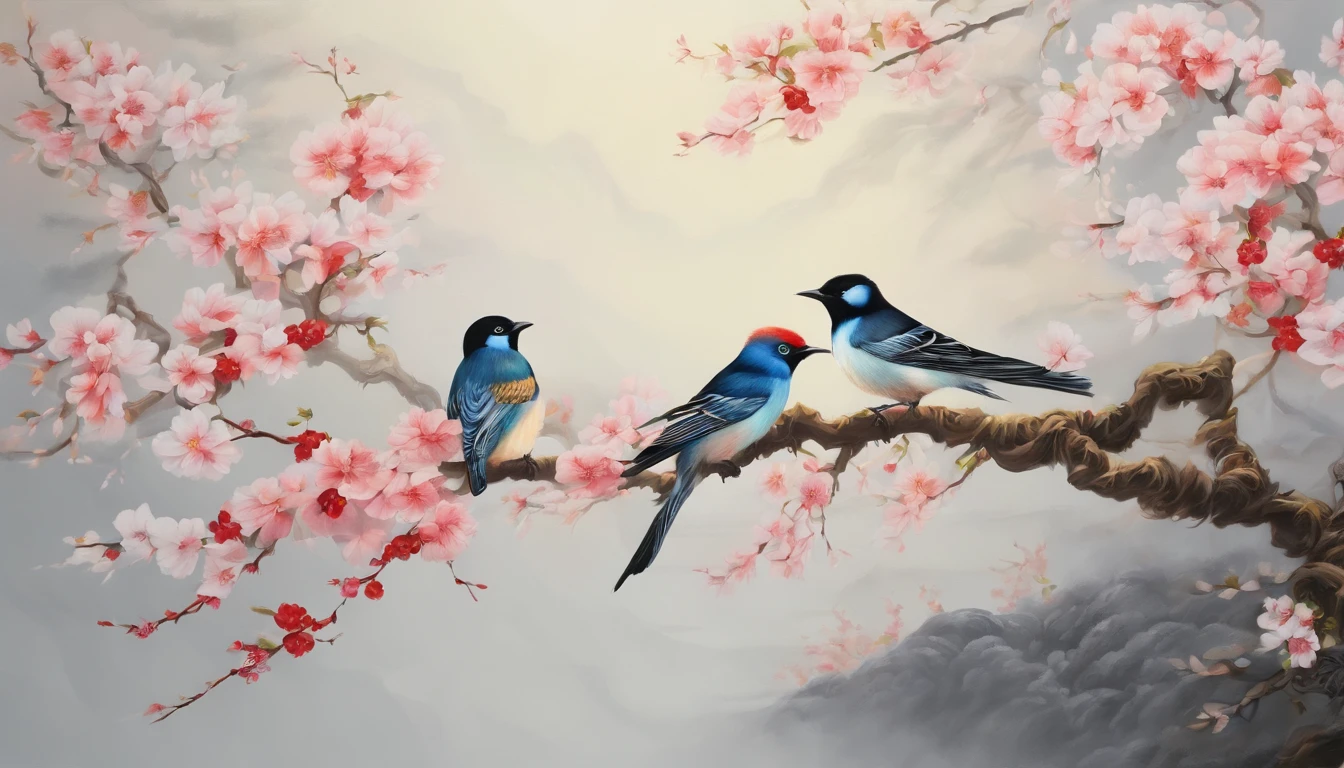 painting of two birds sitting on a branch of a tree, birds on cherry tree, beautiful nature, birds in the sunlight, by Li Keran, really beautiful nature, nature painting, birds and butterflies, beautiful art, very detailed birds, colorful birds, very beautiful photo, mystical birds, by Ma Yuanyu, by Wen Boren, by Wu Li