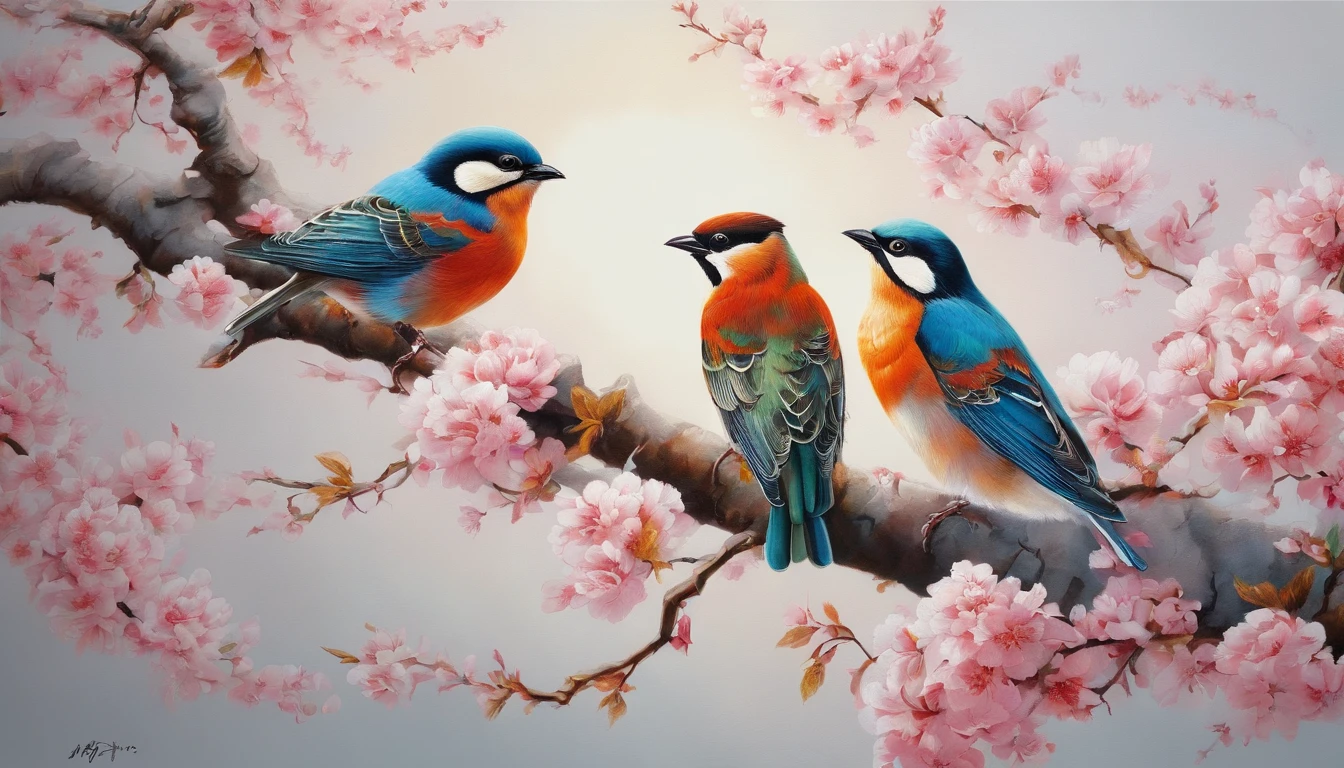 painting of two birds sitting on a branch of a tree, birds on cherry tree, beautiful nature, birds in the sunlight, by Li Keran, really beautiful nature, nature painting, birds and butterflies, beautiful art, very detailed birds, colorful birds, very beautiful photo, mystical birds, by Ma Yuanyu, by Wen Boren, by Wu Li