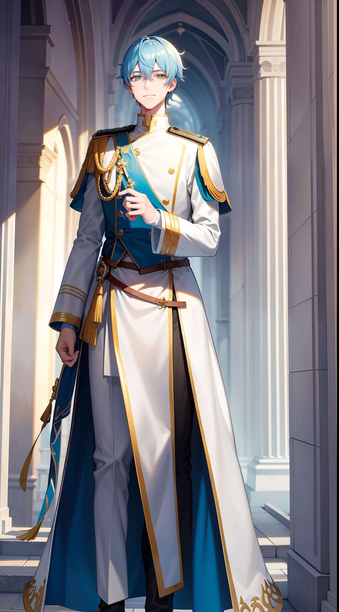 Tall guy, Stunted pigeons, Cyan eyes, ssmile, Beautiful white soldier's uniform, Gold Elements, Two magic pistols, hiquality, 4k, HD, Good detail
