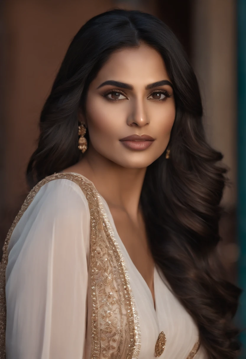 Generate a high-resolution, realistic image of a beautiful Indian female AI influencer in her mid-20s. She should be facing the camera directly, and her face should be the central focus of the image. Her hair should be long, straight, and jet-black, cascading down to her mid-back. She should have a fair, flawless, and radiant white skin tone. Her eyes should be large, almond-shaped, and expressive, with dark brown irises that glisten with warmth and charm. She should have perfectly arched eyebrows that frame her face elegantly, a button-shaped nose, and full, soft lips with a natural pinkish hue. Her face should be well-lit, allowing for clear visibility of all her facial features. The overall image should convey a sense of confidence, approachability, and beauty while staying true to her Indian heritage. The background of the image should be a busy city