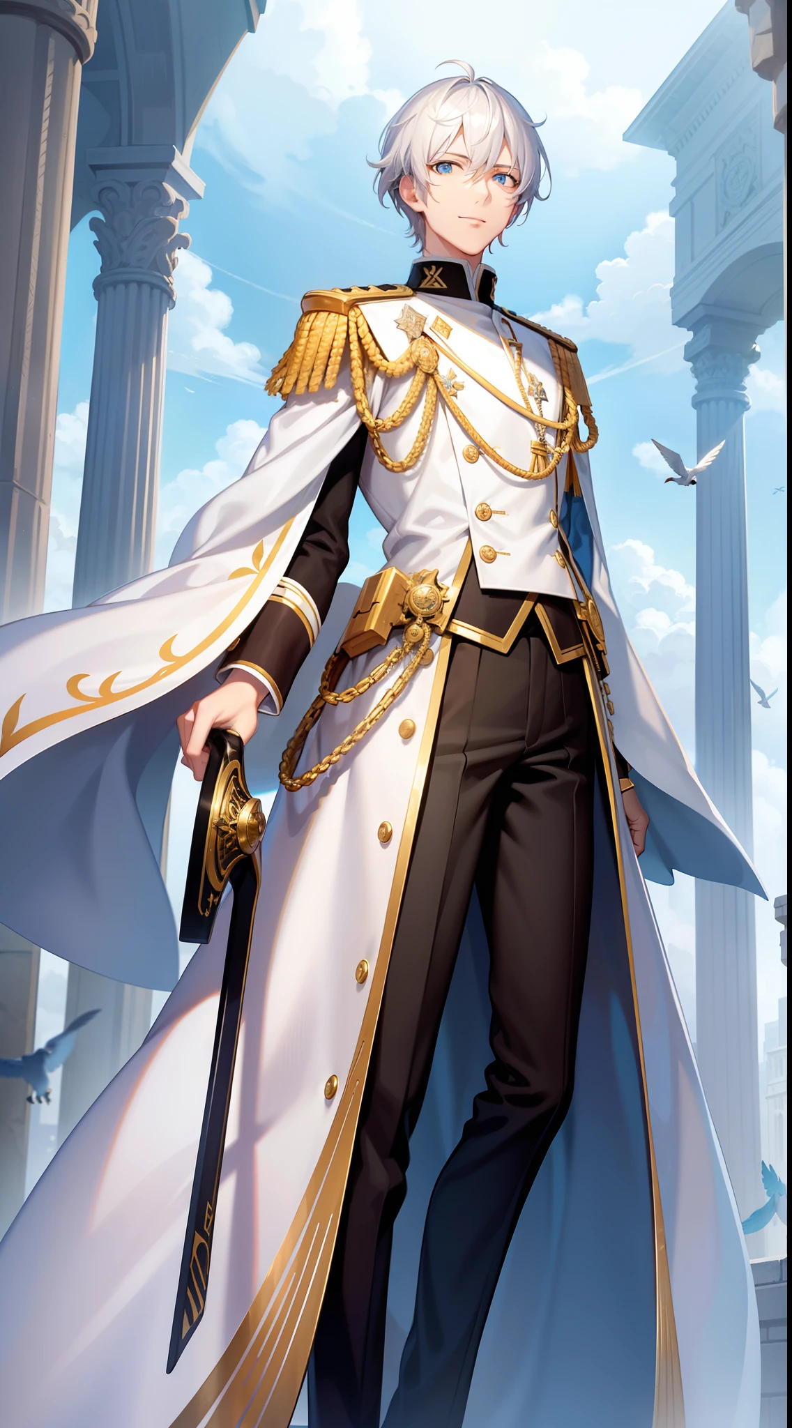 Tall guy, Stunted pigeons, Cyan eyes, ssmile, Beautiful white soldier's uniform, Gold Elements, Two magic pistols, hiquality, 4k, HD, Good detail