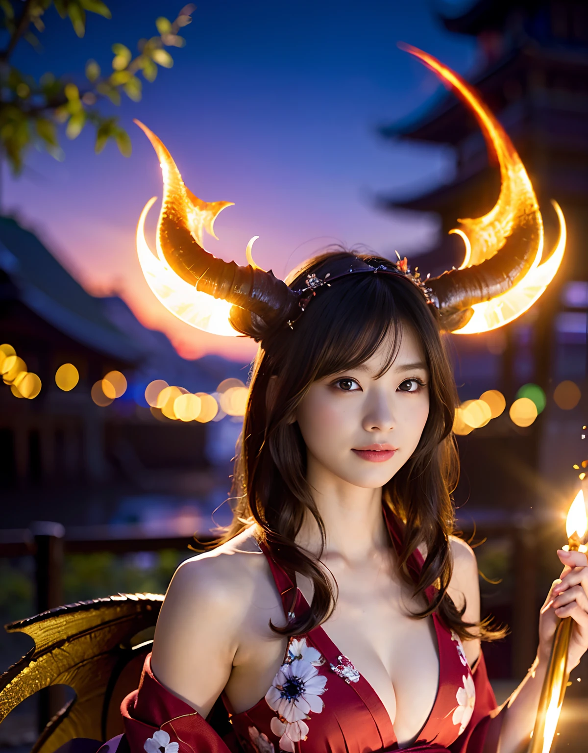 (((masutepiece,))),Professional , ​masterpiece、top-quality、photos realistic , depth of fields 、Raw photo、女の子1a person、glowy skin、（sexypose）、(Black maple on the background of full bloom),（Ultimate Beauty）、A dark-haired、Mystical expression、Light Effects、intense fighting、Wind-effect、ultrasharp、（shrine background)、（Kimono with beautiful pattern）、（Midnight background）、Beautiful hair ornament on the head、,(intense fighting）,（（Precipitous cliffs））,(Wear a beautiful kimono),（Wear a colorful and beautiful kimono）、cleavage of the breast、（Japan Castle Background）、Jewel Gold Weapon、Particles of light),(intense fighting）、Gorgeous jewelry hair ornaments on the head ,Castle background、（（ Gorgeous Dragon Sword）） , （a dark night）,,（maikurobikini） 、（（Black Haired Beautiful Girl））、（Castle background）、（demonic wings）、（（Gangle's forest background））、Beautiful Caucasian beauty、１a person、dynamic ungle,(((Two devil's horns on the head)))、Smaller head、Idle Smile、Thin and beautiful female hands、Mystical expression、Light Effects、intense fighting、Wind-effect、magic circles、With the legendary magic wand、Dragon's tail、Anatomically correct fingers、Full Body Angle、Anatomically correct number of fingers、