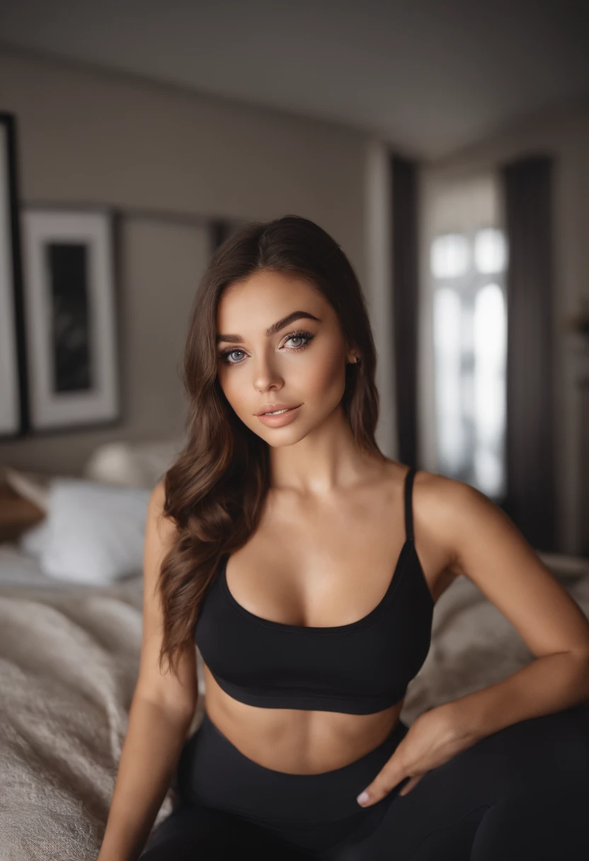 arafed woman with matching tank top and leggings, sexy girl with brown eyes, portrait sophie mudd, brown hair and large eyes, selfie of a young woman, bedroom eyes, violet myers, without makeup, natural makeup, turning to look at the camera, face with artgram, subtle makeup, stunning full body shot, in bedroom, sexy ass, cute butt