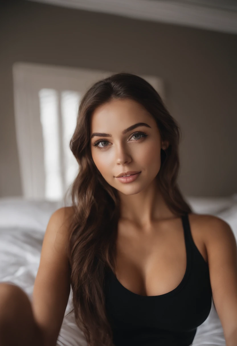 arafed woman with matching tank top and leggings, sexy girl with brown eyes, portrait sophie mudd, brown hair and large eyes, selfie of a young woman, bedroom eyes, violet myers, without makeup, natural makeup, turning to look at the camera, face with artgram, subtle makeup, stunning full body shot, in bedroom, sexy ass, cute butt