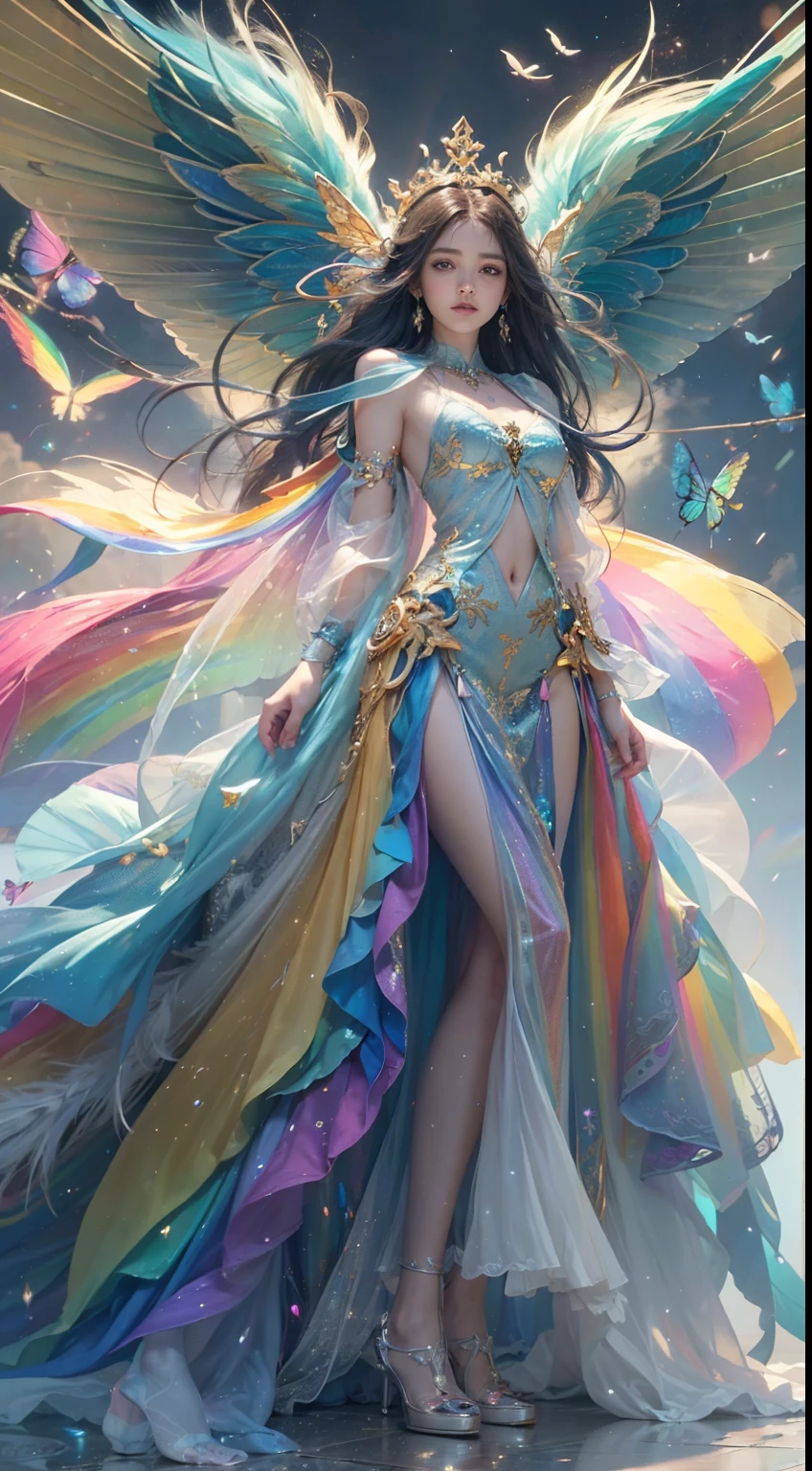 (masterpiece:1.2), highest quality, (shape:1.2), (Super detailed), hyper details, (delicate), 1 girl, alone, Magical fairy with long hair and long sparkling galaxy dress, beautiful diamond wing and butterfly earrings