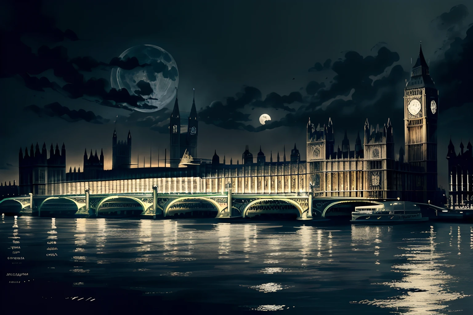 (Westminster with Westminster bridge of London illustration intricate detail:1.3), (gothic glow:1.1), (1000s atmosphere:1.2), gland level shot and dynamic angle, full moon lighting, London fog on the river of exquisite high-definition drawing, intricate details, intricate detail texture, high resolution, high contrast, best quality, top quality, fountain-pen sketch addition oil paint coloring, dark palette, vivid color, ultra-real, (insane details9:1.1, impeccable quality, highest quality, highly quality, best quality, extremely detailed,